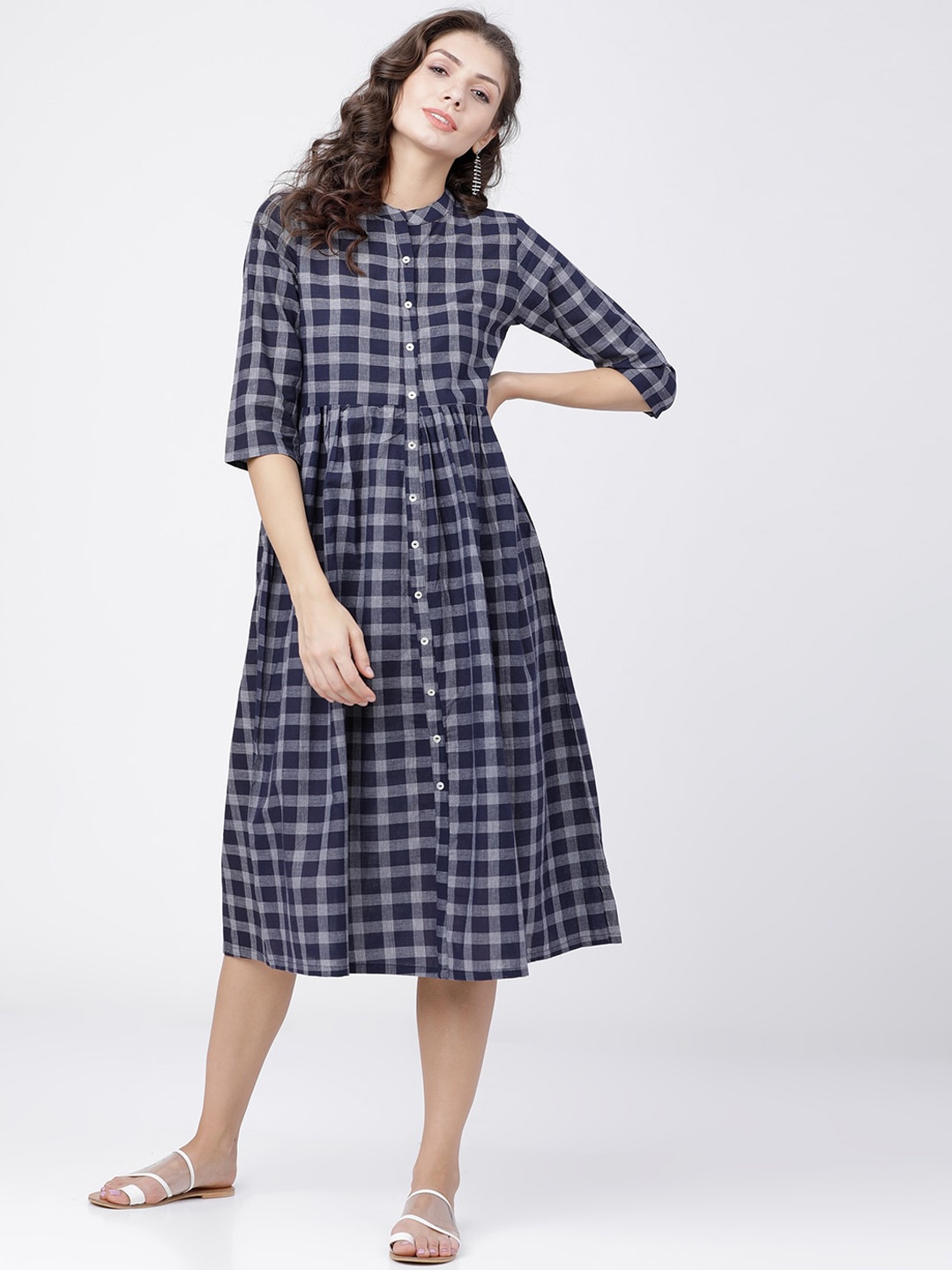 

Vishudh Women Navy Blue Checked Shirt Dress