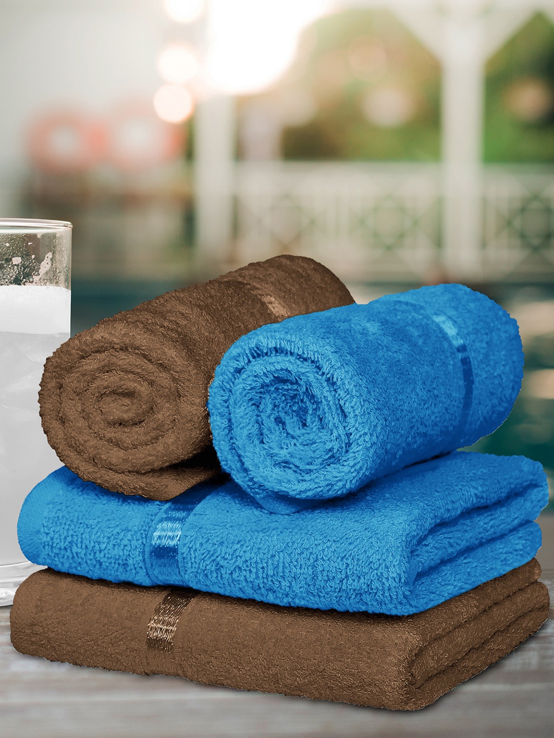 

Story@home Unisex Set Of 4 Blue & Brown Solid 600 GSM Hand Towels