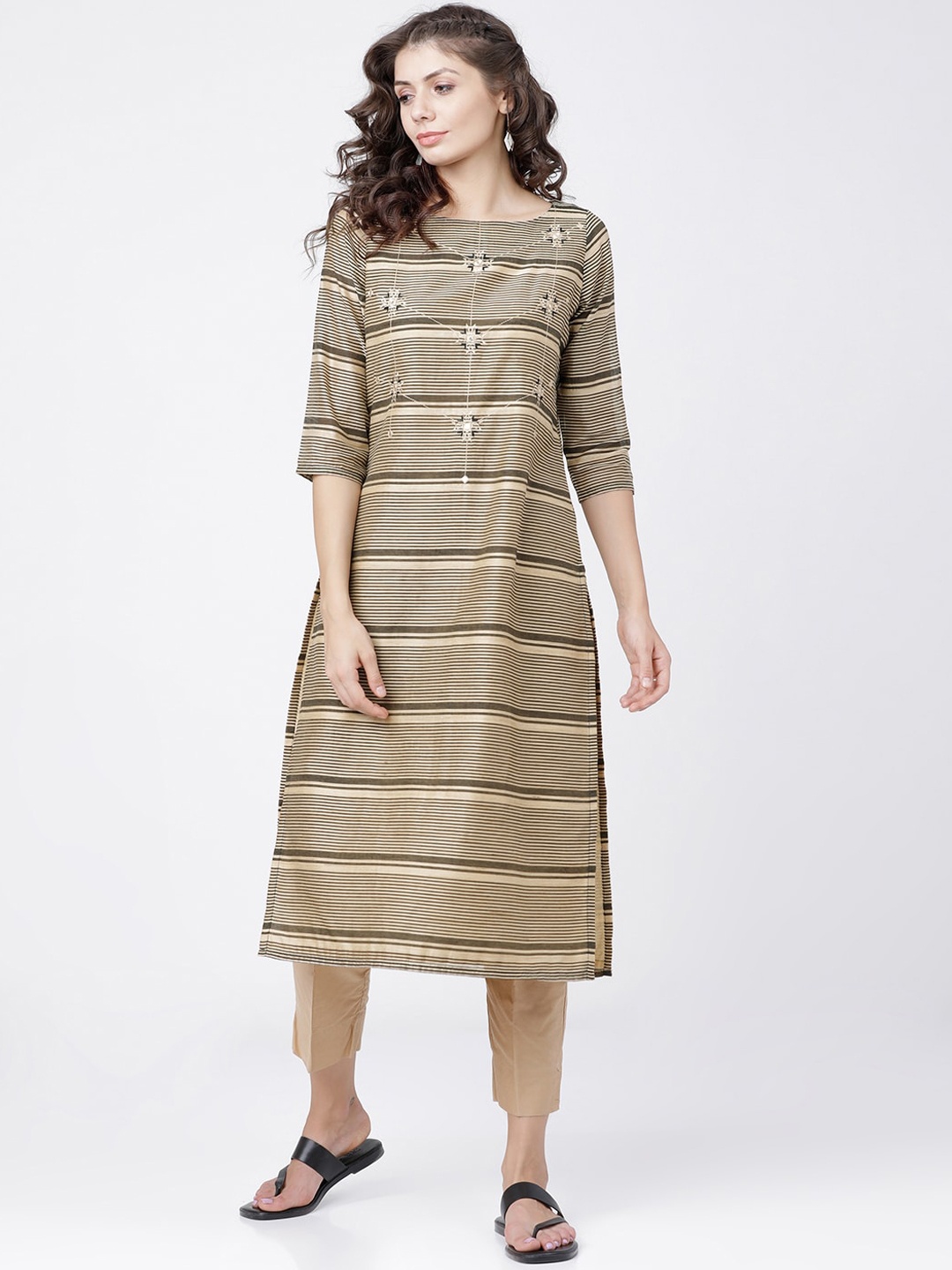 

Vishudh Women Beige Striped Thread Work Kurta