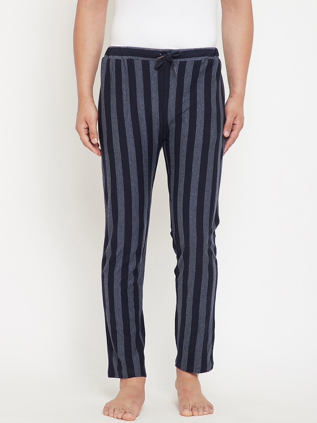 Hypernation Men Navy Blue & Grey Striped Lounge Pants