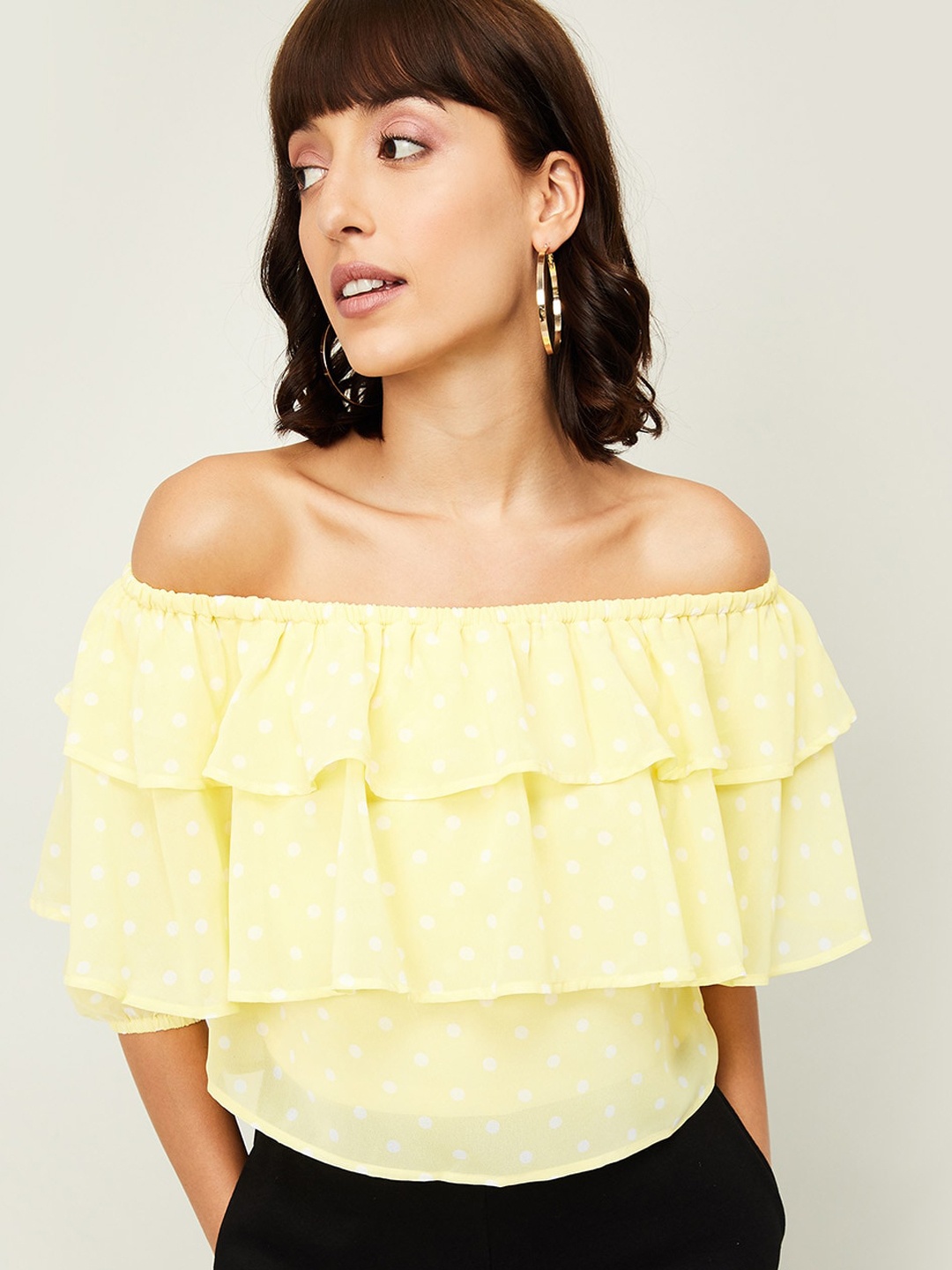 

Ginger by Lifestyle Yellow Printed Off-Shoulder Bardot Top