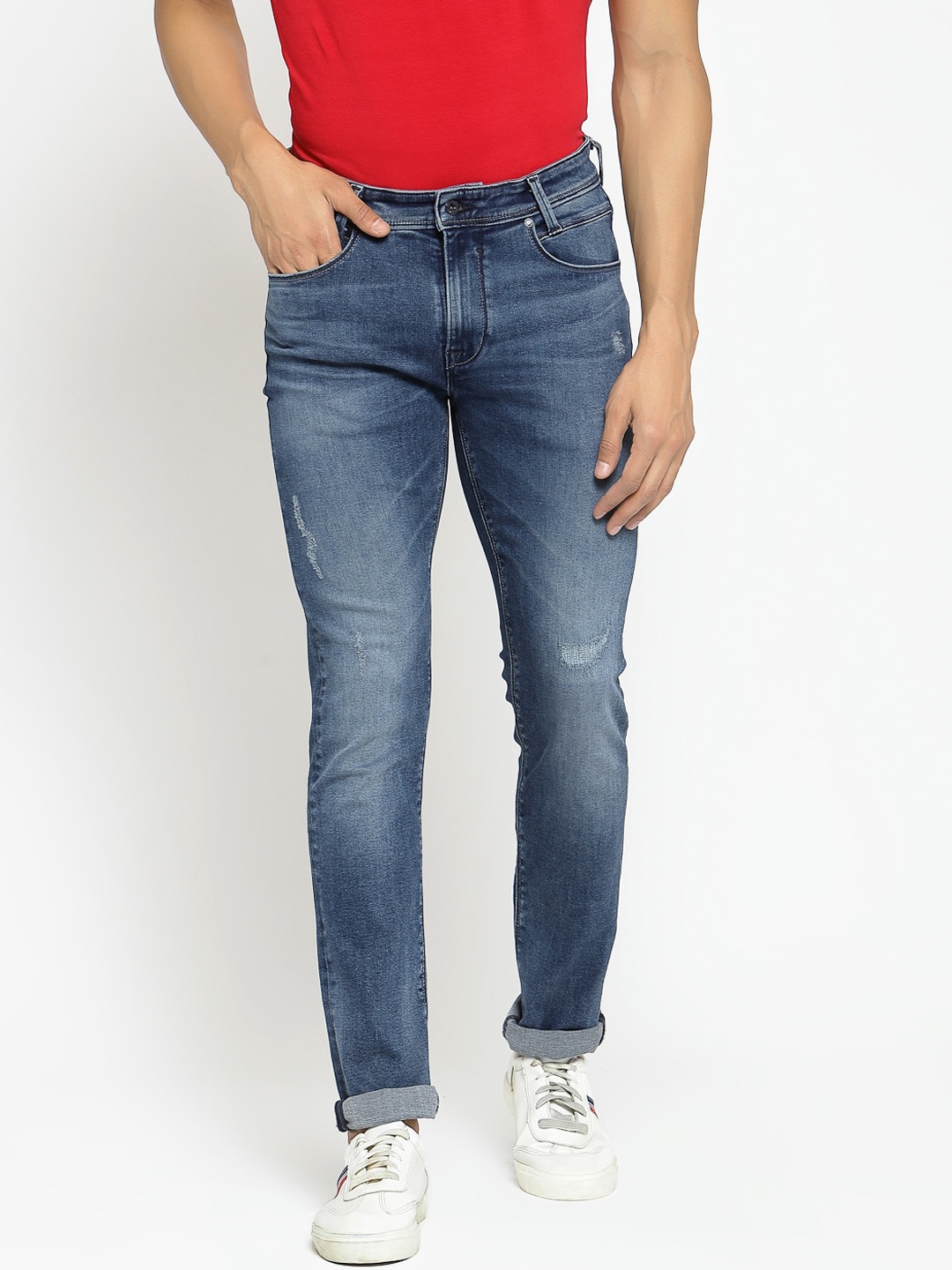 Pepe Jeans Men Slim Fit Mid-Rise Mildly Distressed Stretchable Jeans, Blue