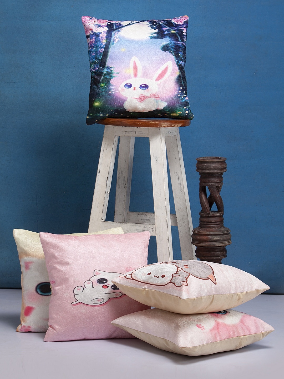 

HOSTA HOMES Pink & White Set of 5 Cartoon Characters Square Cushion Covers