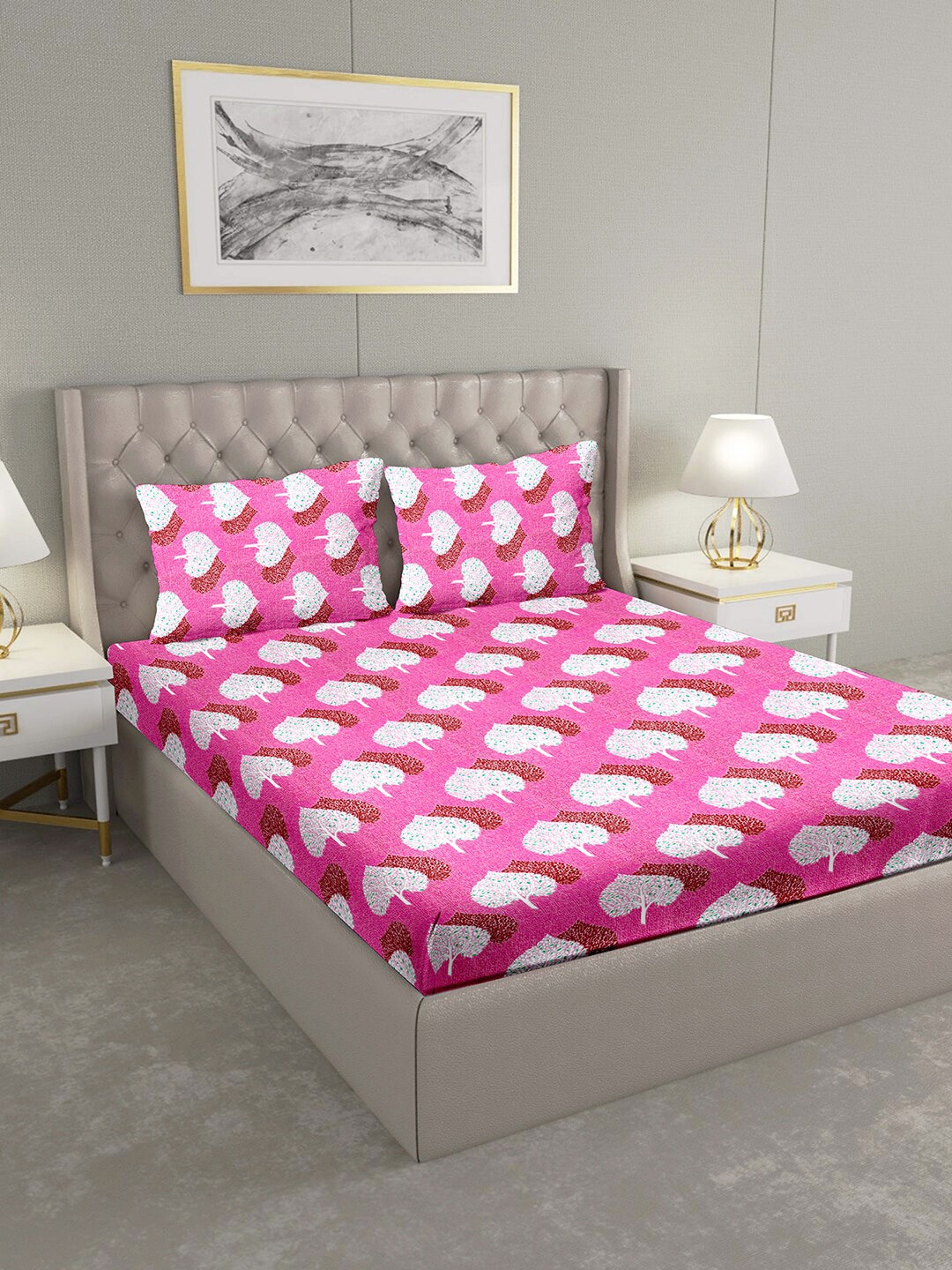 

BELLA CASA Pink & White Floral 124 TC Cotton 1 Extra Large Bedsheet with 2 Pillow Covers