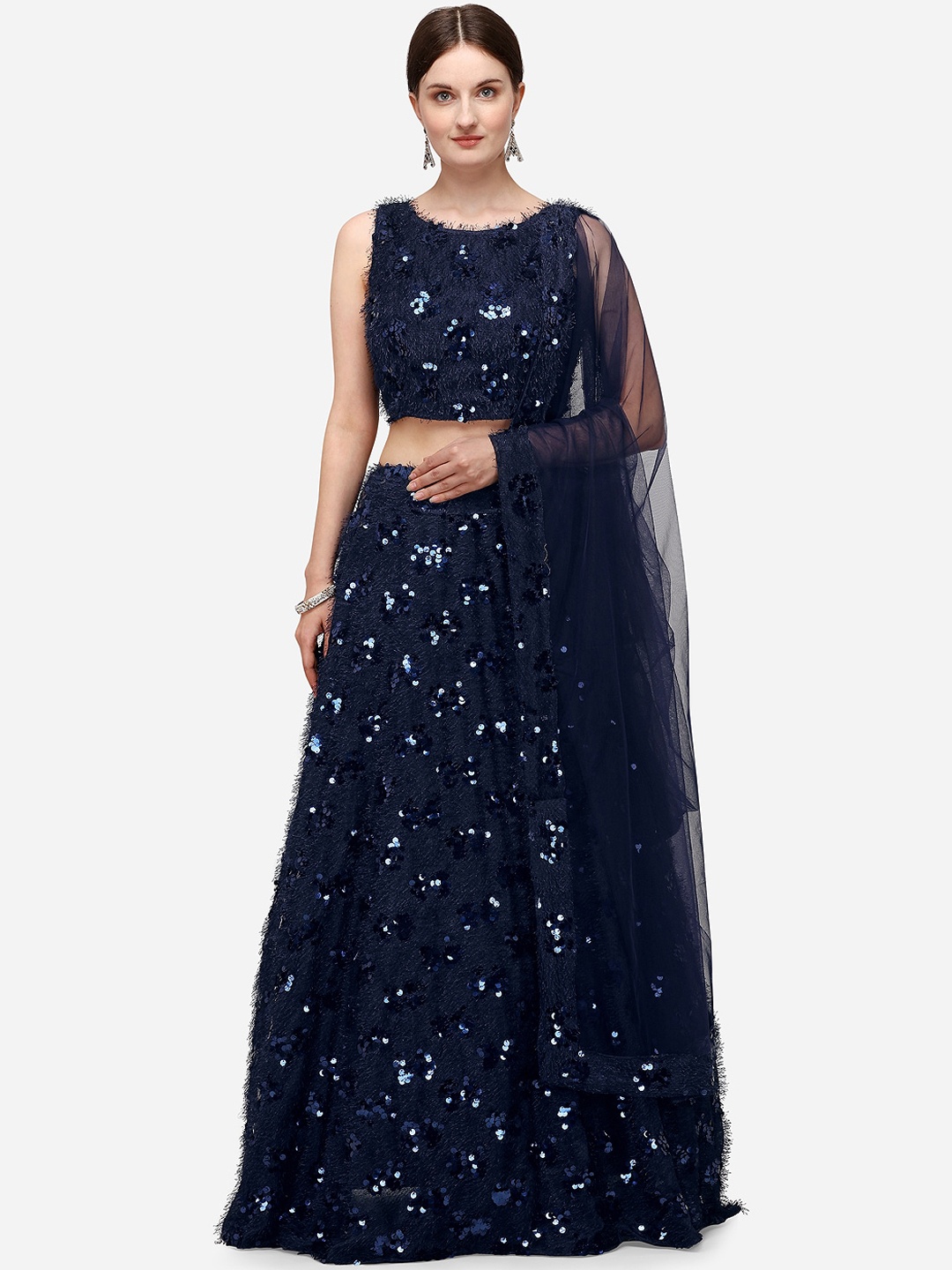 

JATRIQQ Navy Blue Semi-Stitched Lehenga & Blouse with Dupatta