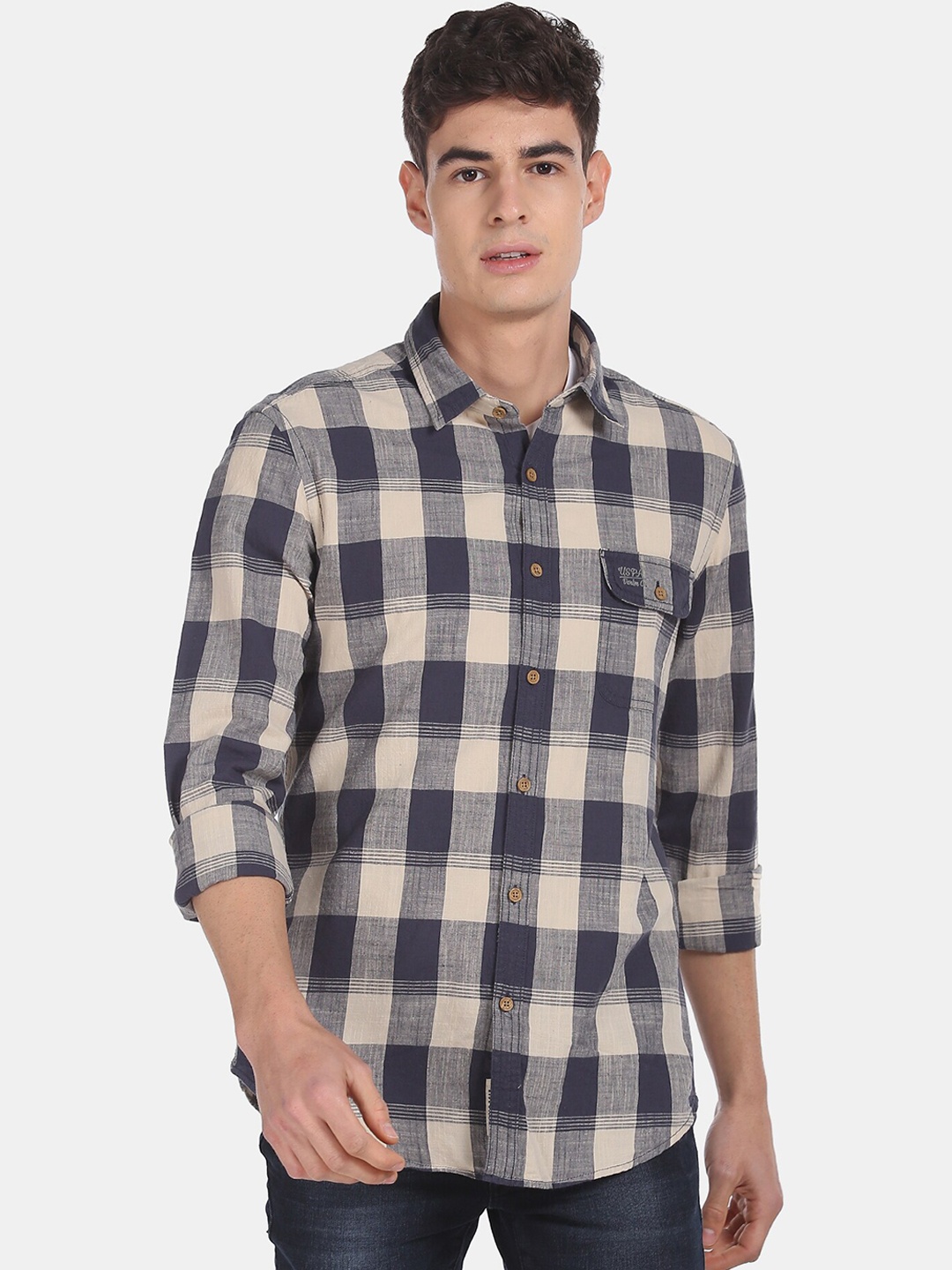 

U.S. Polo Assn. Denim Co. Men Grey Regular Fit Checked Casual Shirt