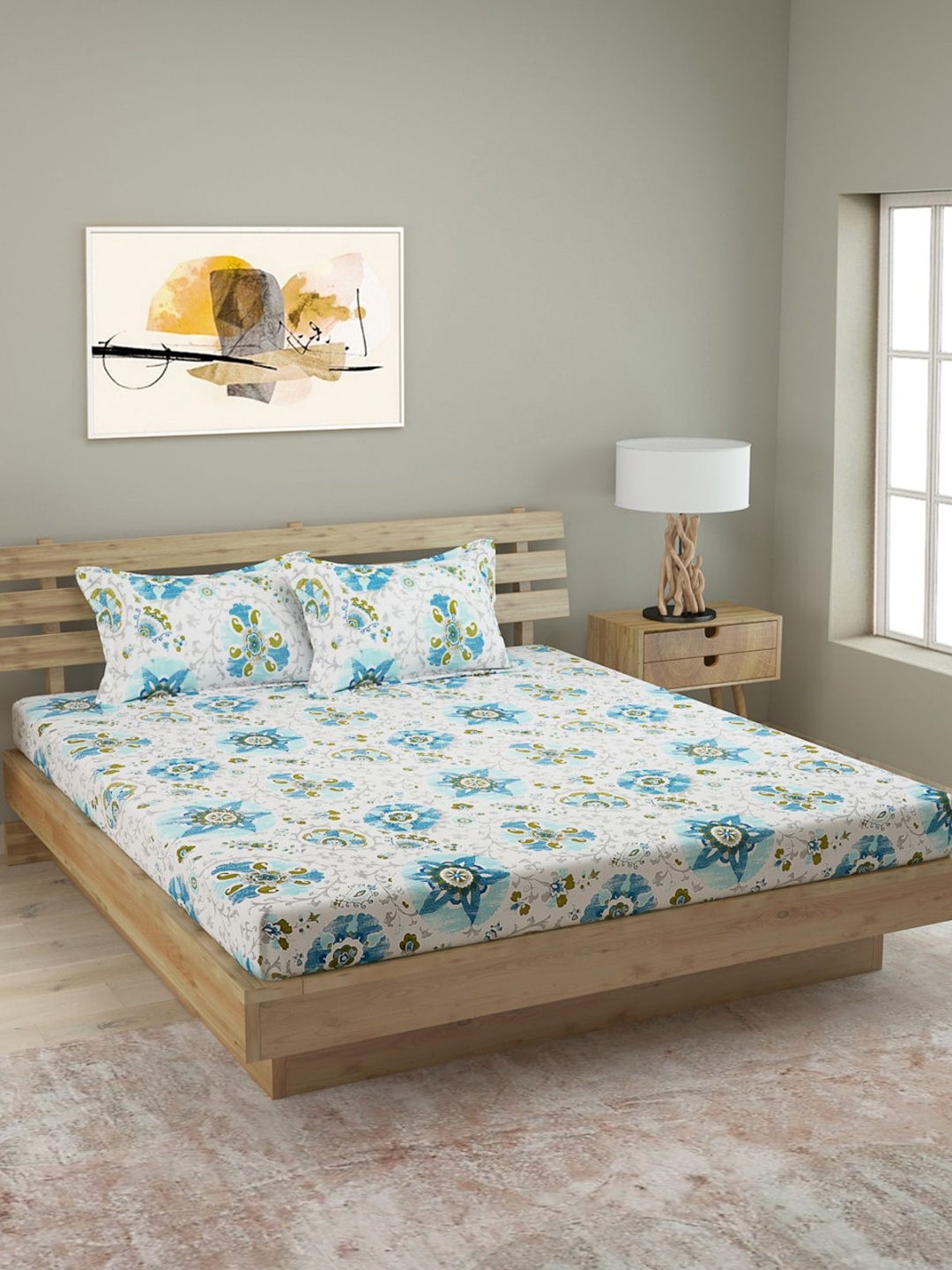 

ROMEE White & Blue Ethnic Motifs 180 TC Cotton 1 King Bedsheet with 2 Pillow Covers