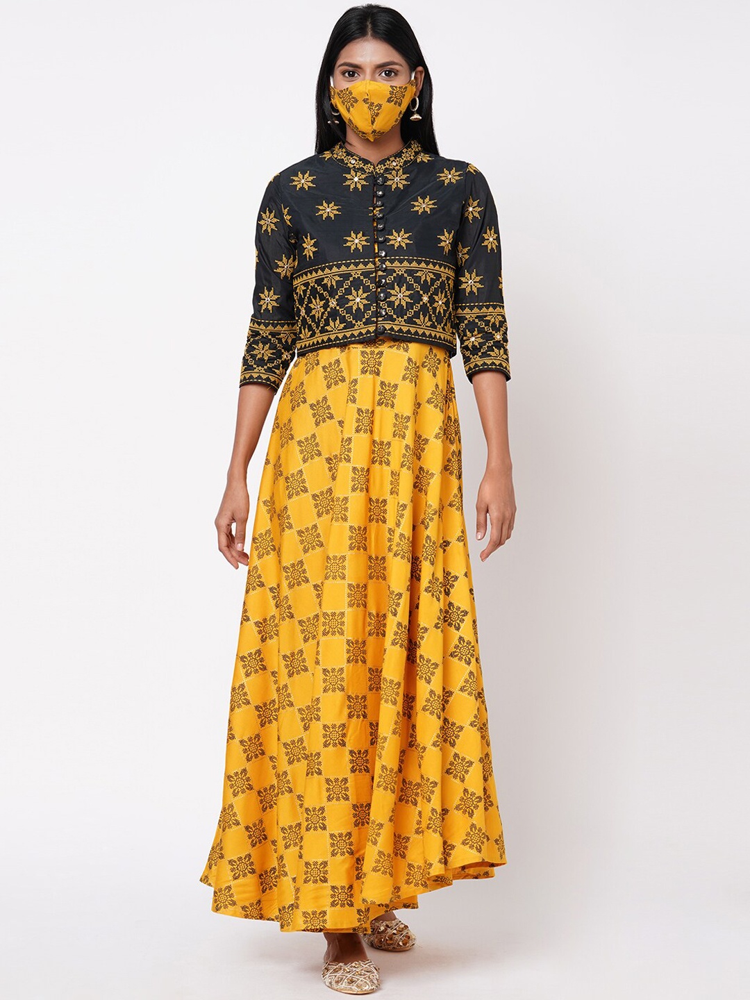 

FASHOR Women Mustard Printed Fit and Flare Dress