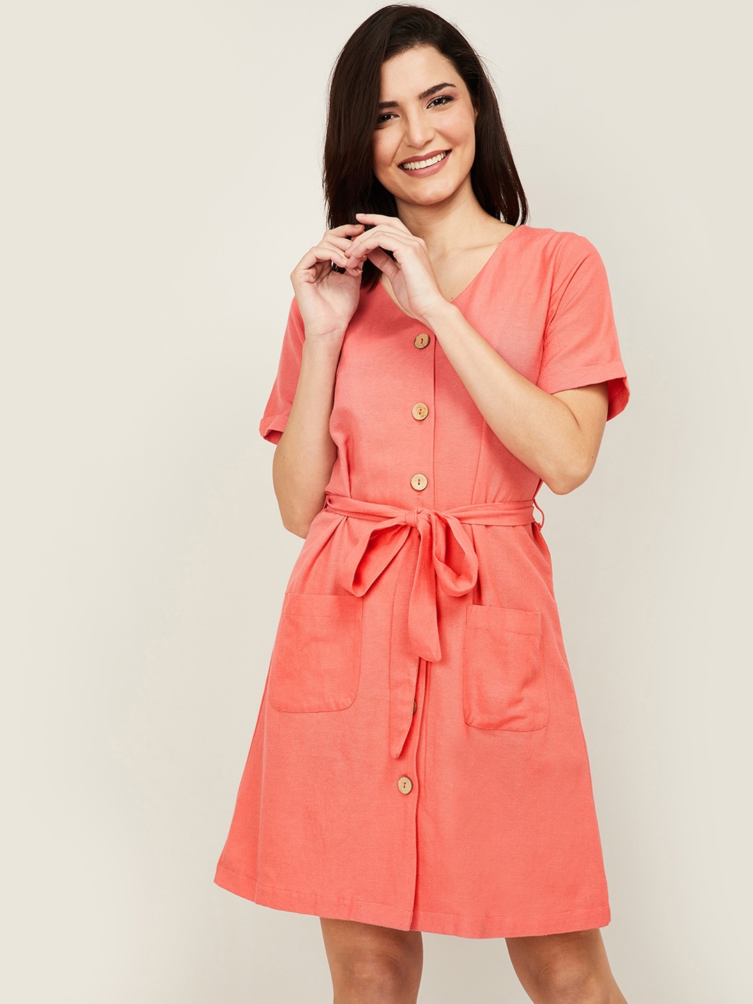 

Bossini Women Coral Orange Solid A-Line Dress
