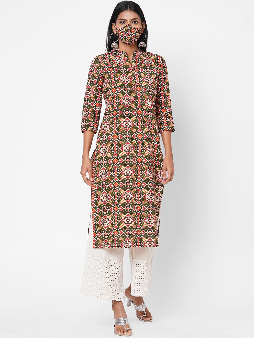 

FASHOR Women Green & Pink Ethnic Motifs Printed Kurta