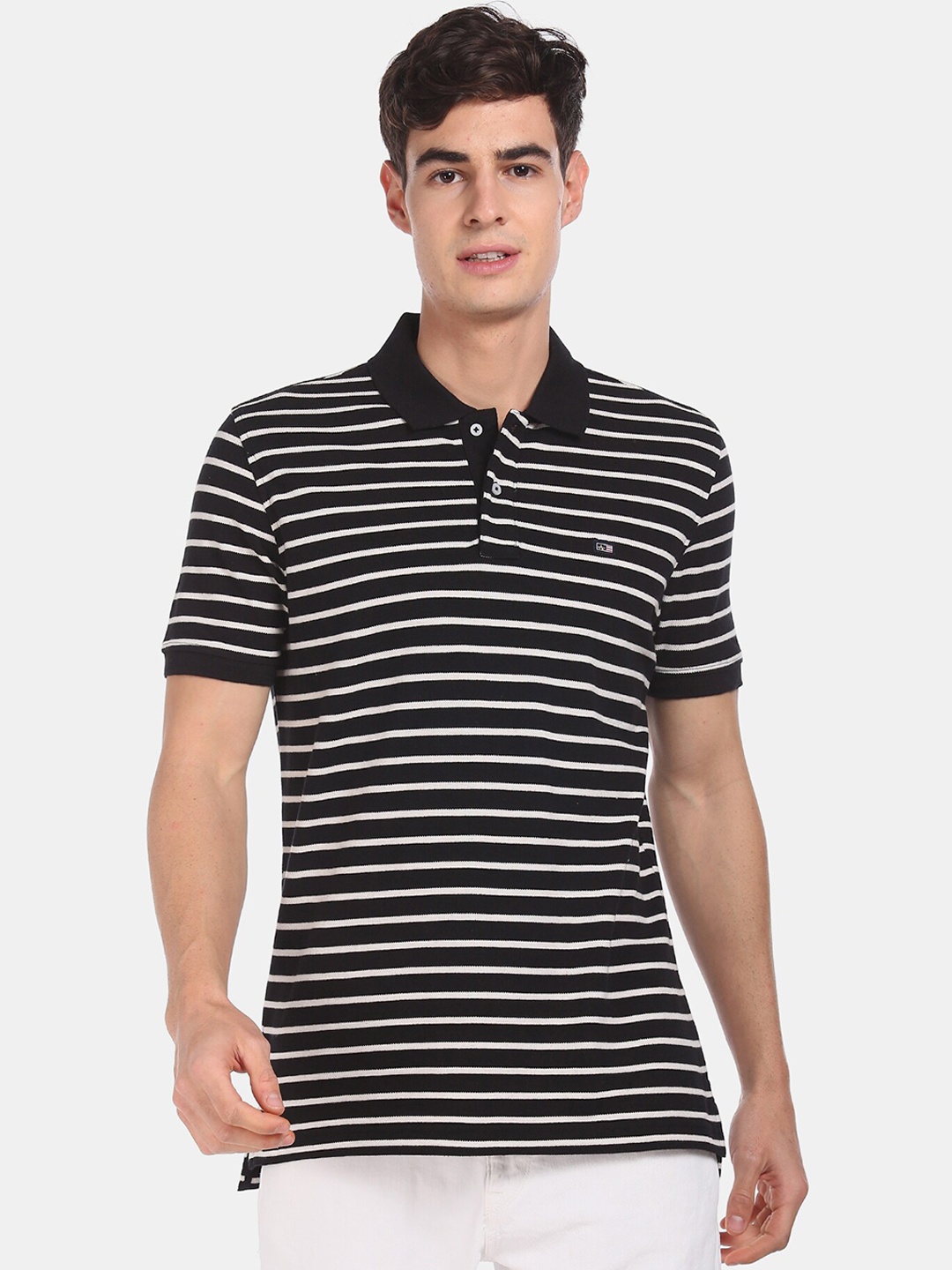 

Arrow Sport Men Black White Striped Polo Collar Pure Cotton T-shirt