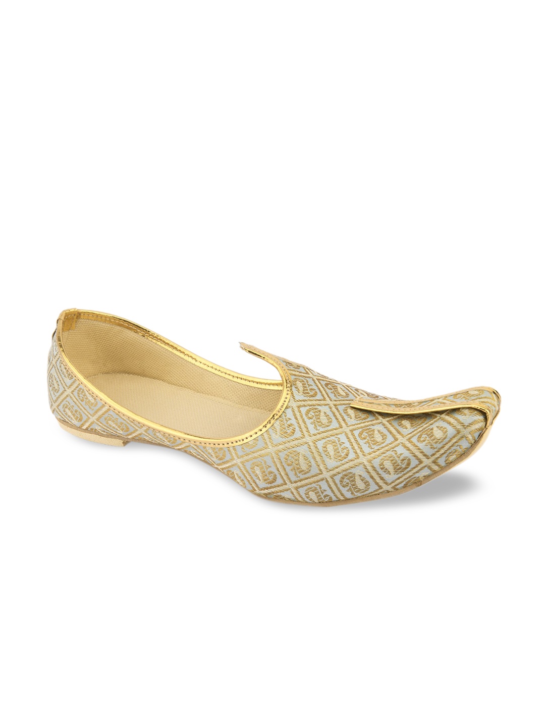 DESI COLOUR Men Sea Green & Gold Woven Design Mojaris