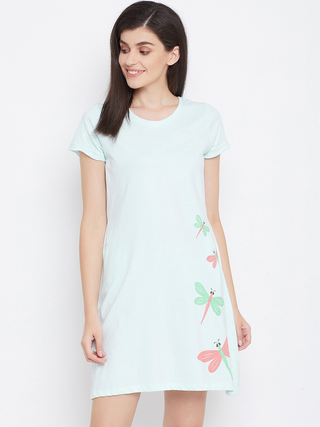 

Clovia Women Blue Printed Nightdress With Pocket, Sea green