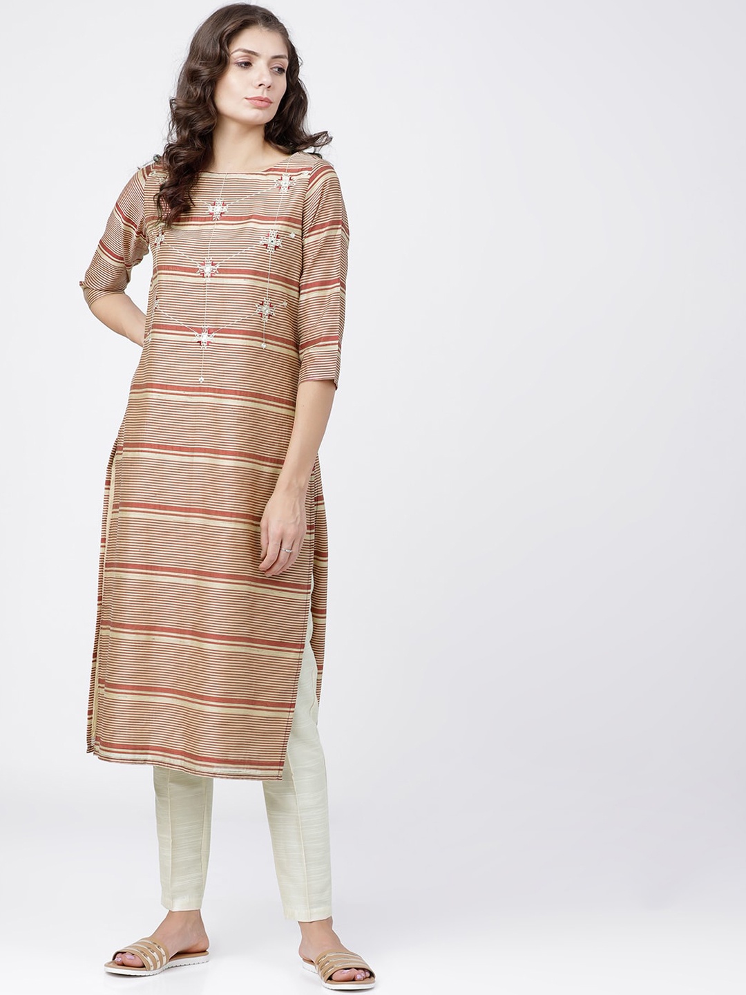 

Vishudh Women Beige & White Striped Kurta