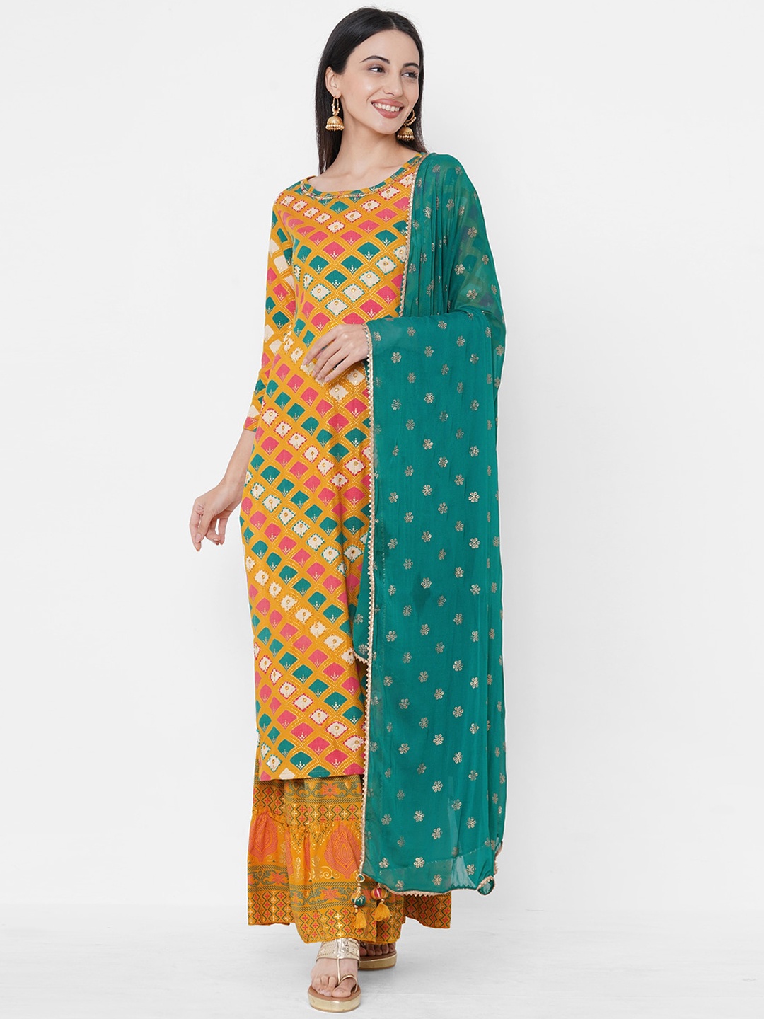 

FASHOR Women Mustard & Green Printed Kurta with Sharara & Dupatta