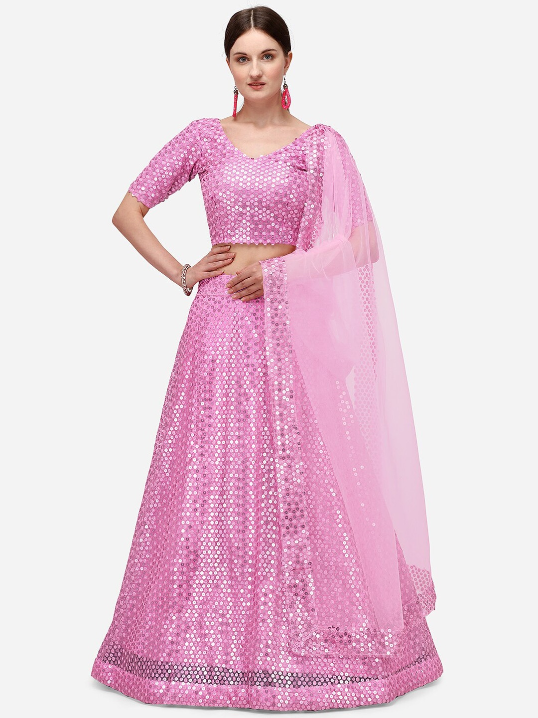 

JATRIQQ Pink Semi-Stitched Lehenga & Blouse with Dupatta