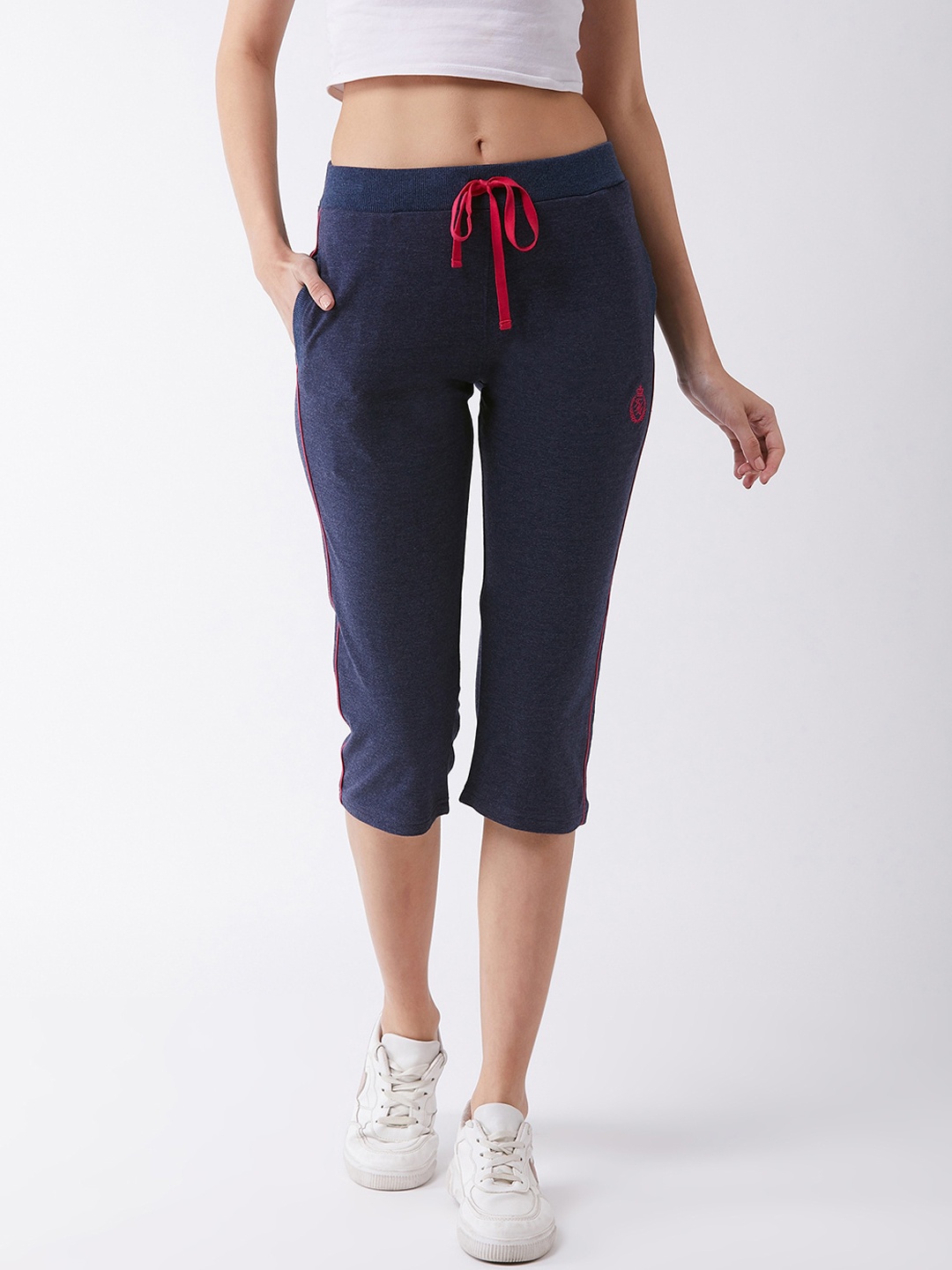 

FEMEA Women Navy Blue & Red Solid Regular Fit Capris