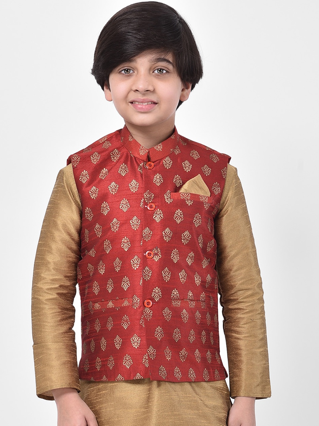 

DEYANN Boys Maroon & Gold-Coloured Printed Nehru Jacket
