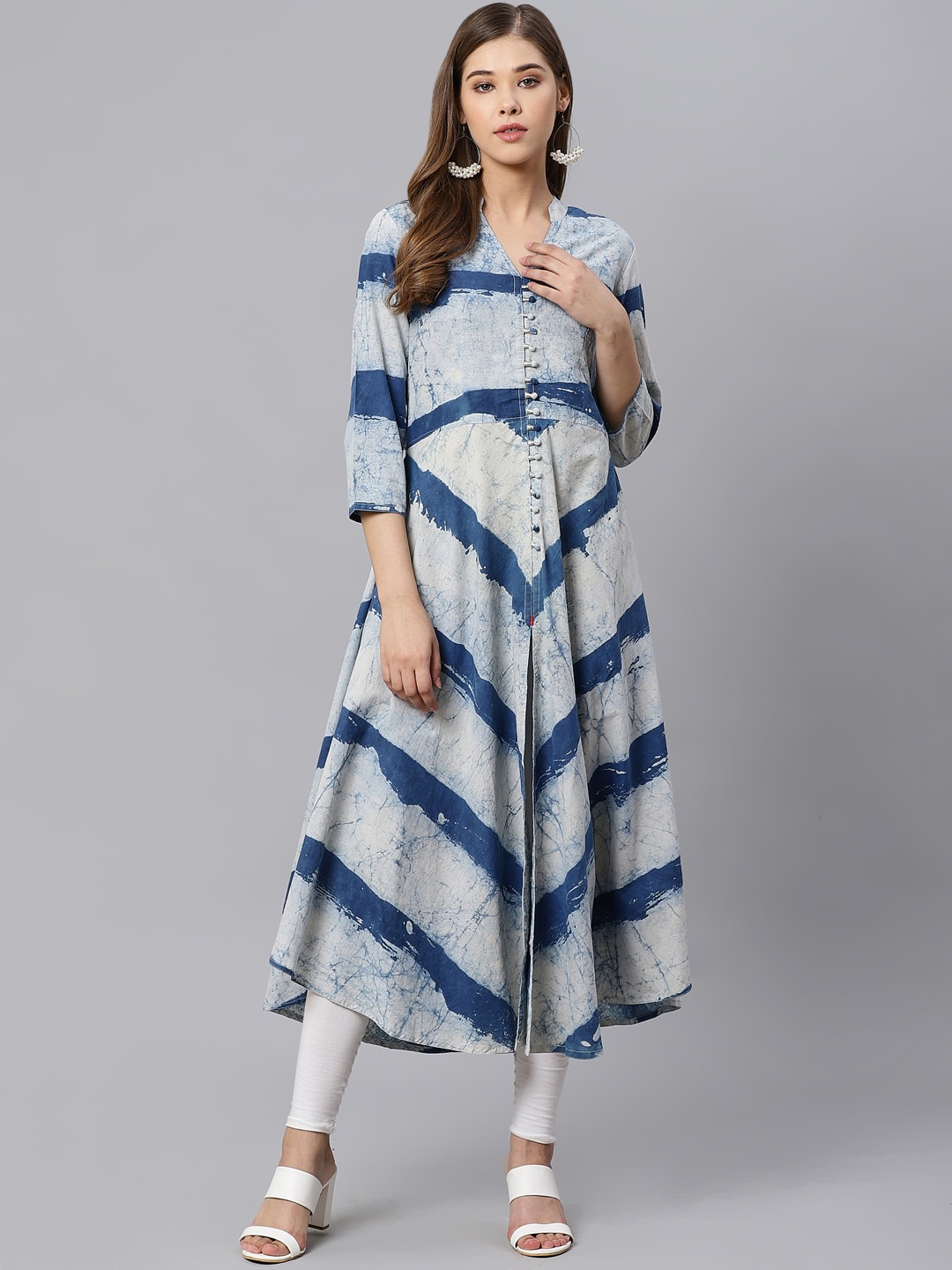 

Kifahari Women Blue & Off-White Striped Cotton Kurta with Churidar
