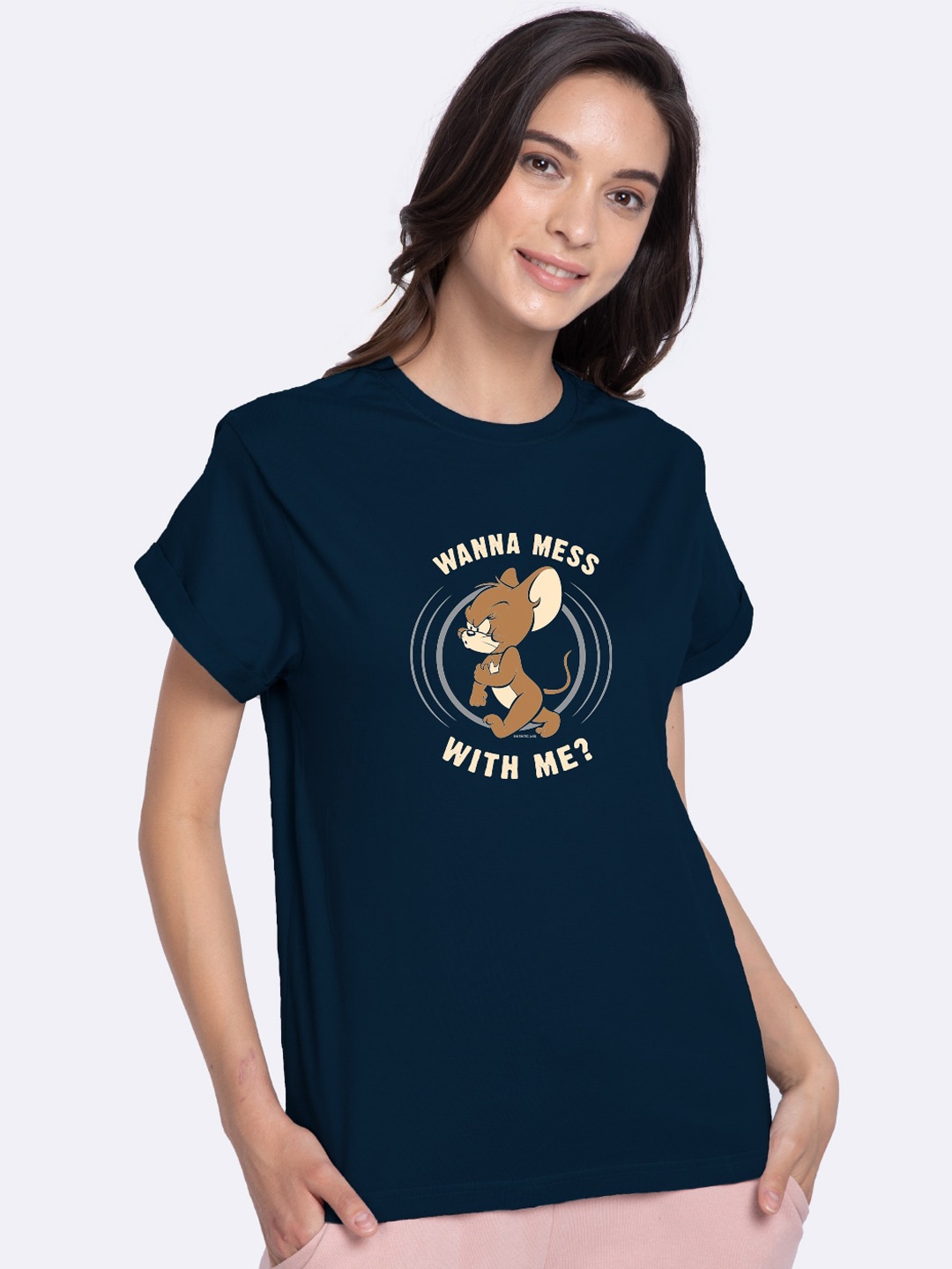 

Bewakoof Thug Jerry Graphic Printed Boyfriend Fit Round Neck T-shirt, Blue