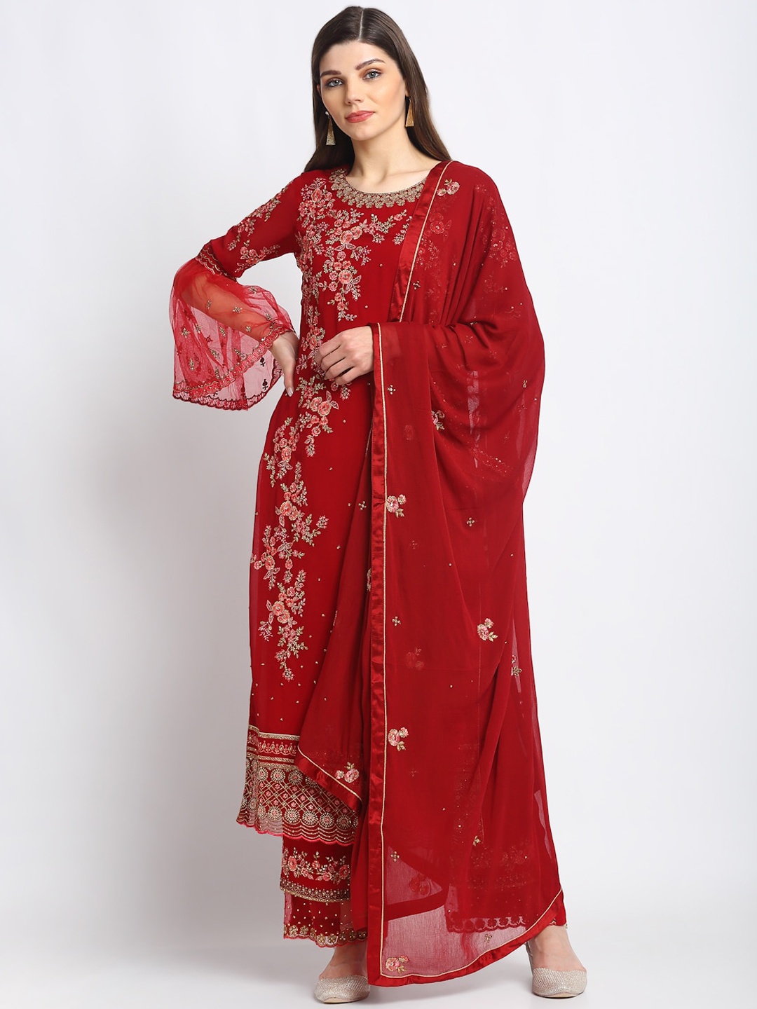 

Stylee LIFESTYLE Red & Gold-Toned Poly Georgette Semi-Stitched Dress Material