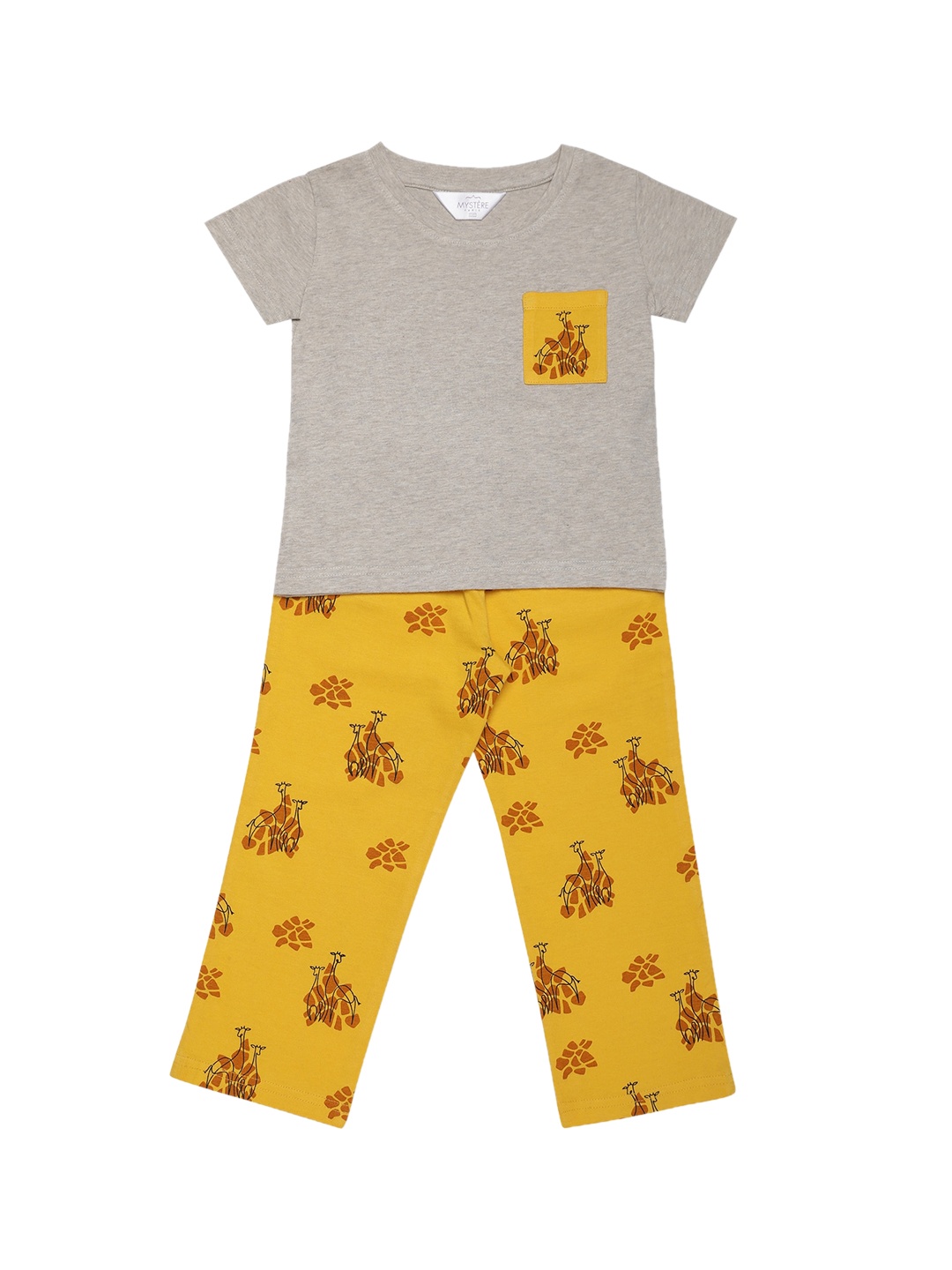Mystere Paris Girls Grey & Yellow Solid Night suit