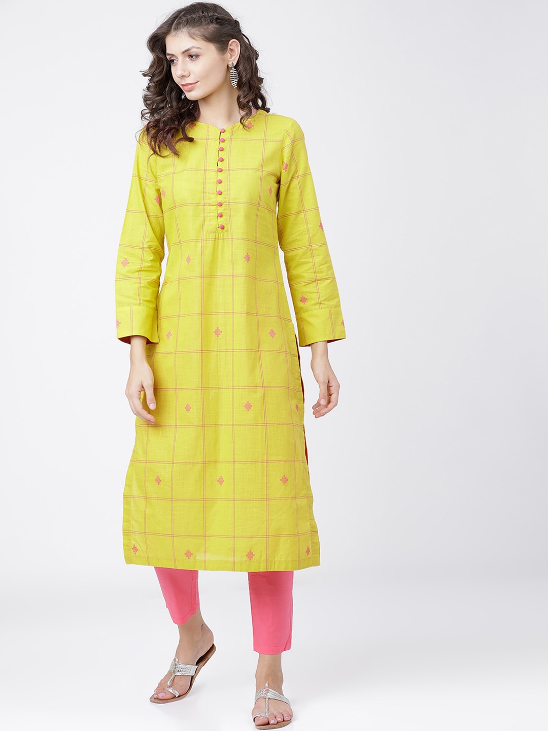 

Vishudh Women Lime Green Ethnic Motifs Embroidered Thread Work Kurta