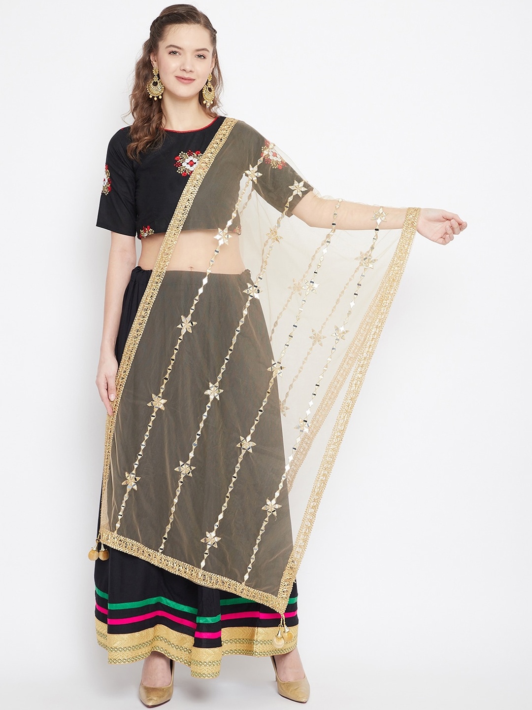 Clora Creation Gold-Toned Embroidered Mirror Ornamented Dupatta