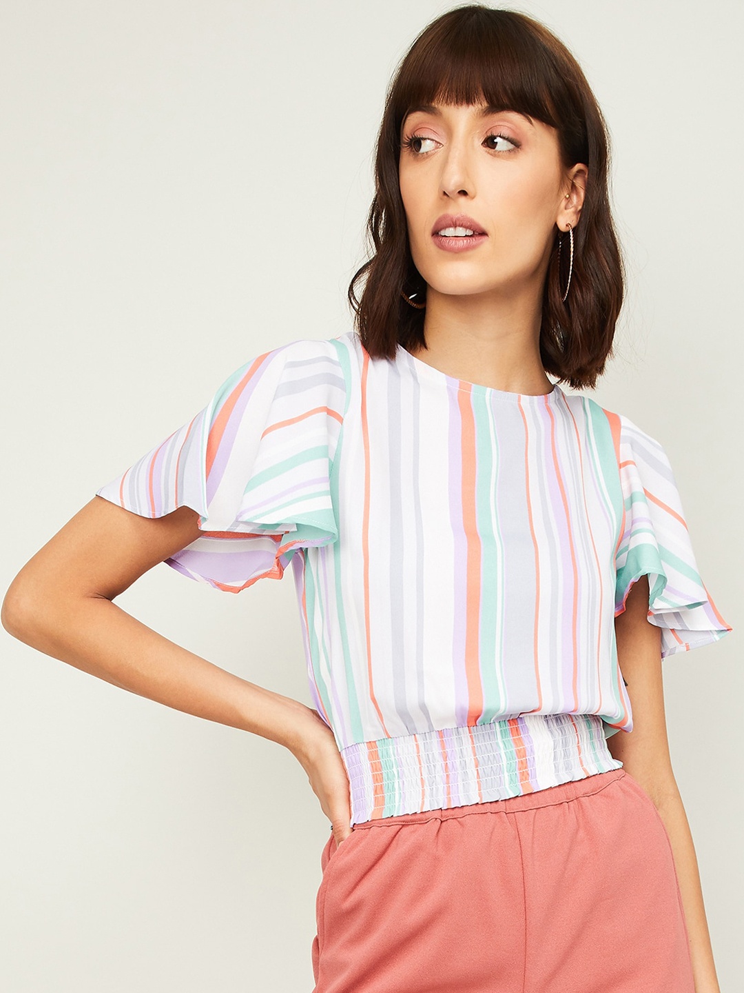 

Ginger by Lifestyle Multicoloured Striped Flared Sleeves Blouson Top, Multi