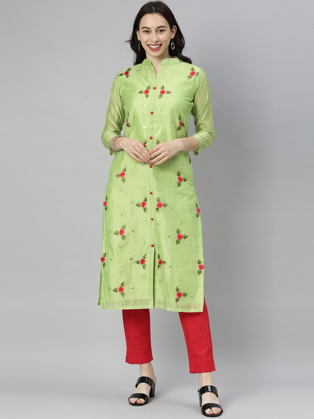 

Neerus Women Green & Red Floral Embroidered Thread Work Chanderi Silk Kurta