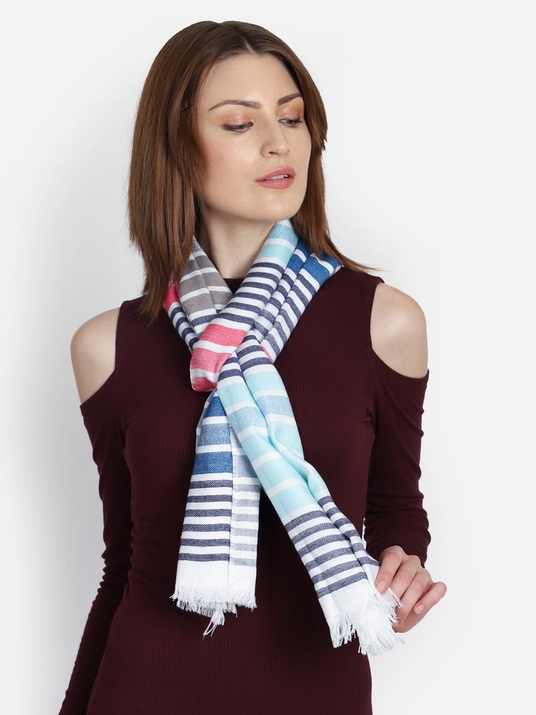 

Anekaant Women White & Blue Striped Stole