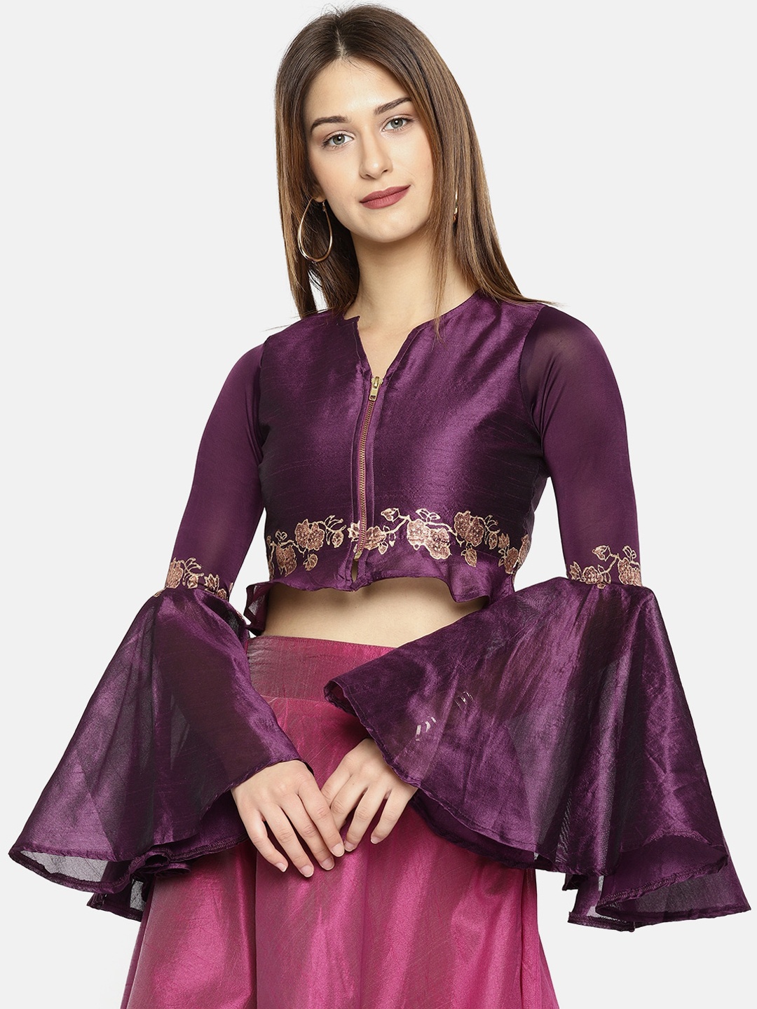 

Ira Soleil Purple Mandarin Collar Crop Top