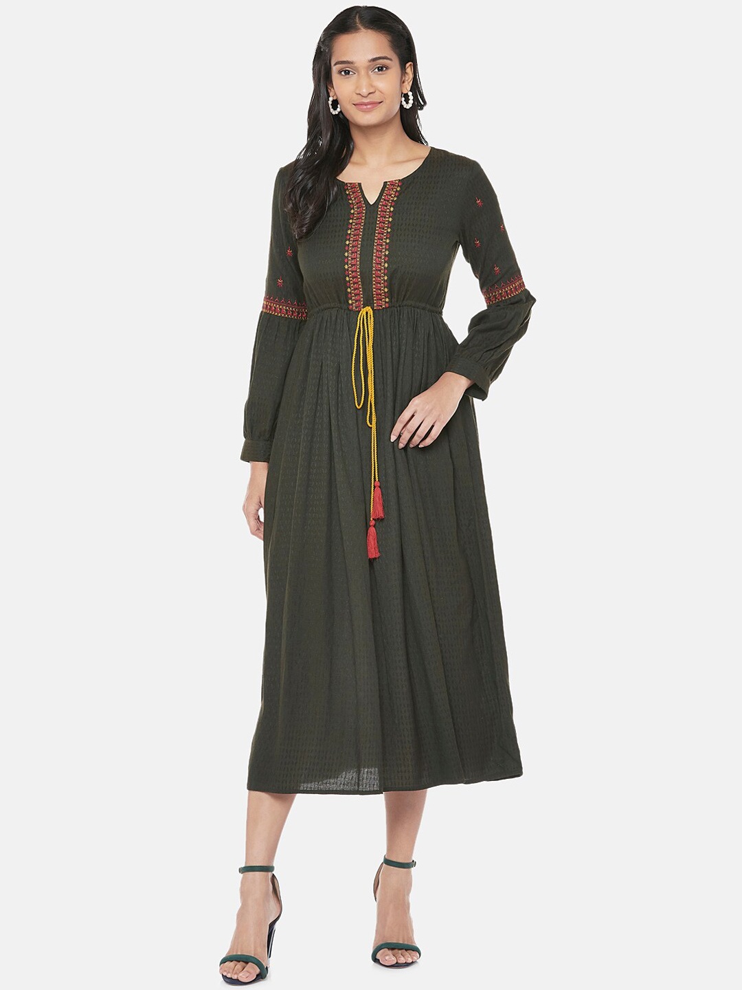 

Ethnicity Women Olive Green & Pink Embroidered Fit and Flare Dress