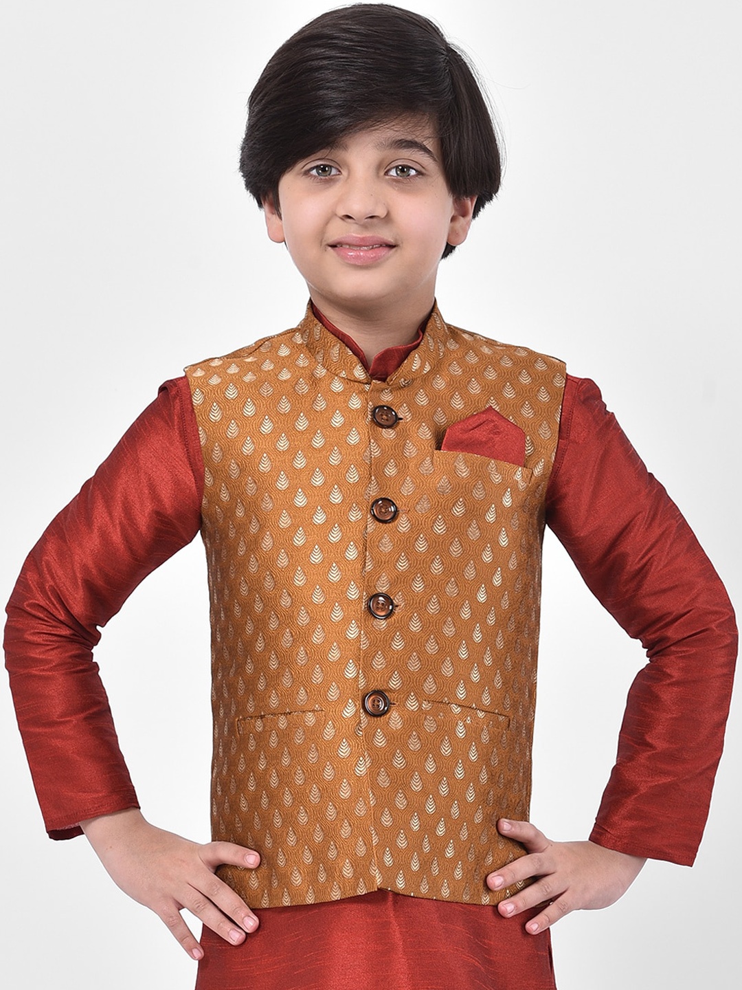 

DEYANN Boys Copper & Gold-Coloured Woven Design Nehru Jacket