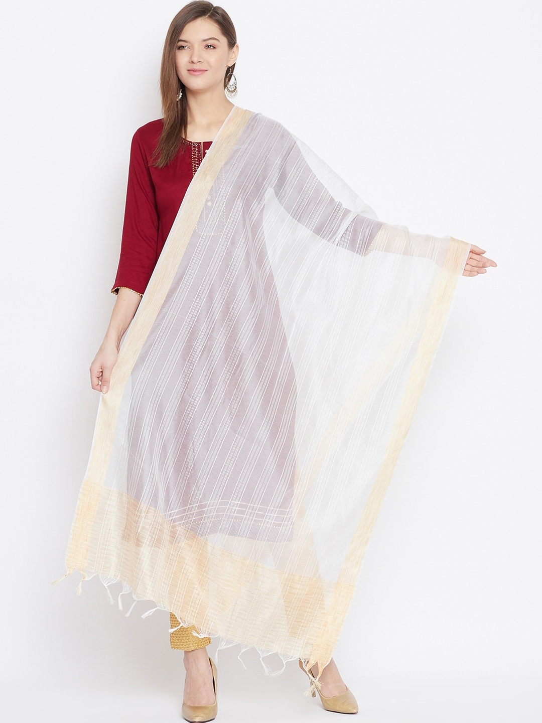 

Clora Creation White & Golden Striped Dupatta
