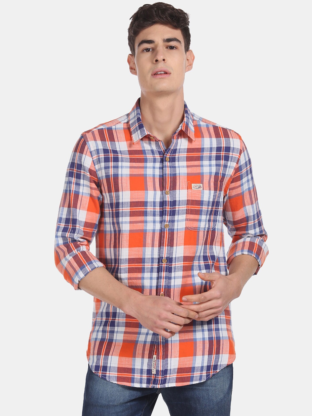 

U.S. Polo Assn. Men Orange & Blue Regular Fit Checked Casual Shirt