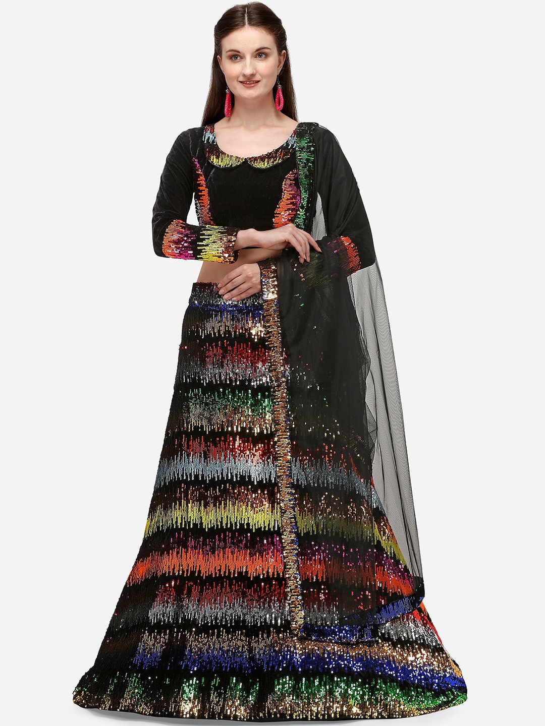 

JATRIQQ Black & Red Embellished Semi-Stitched Lehenga & Unstitched Blouse with Dupatta