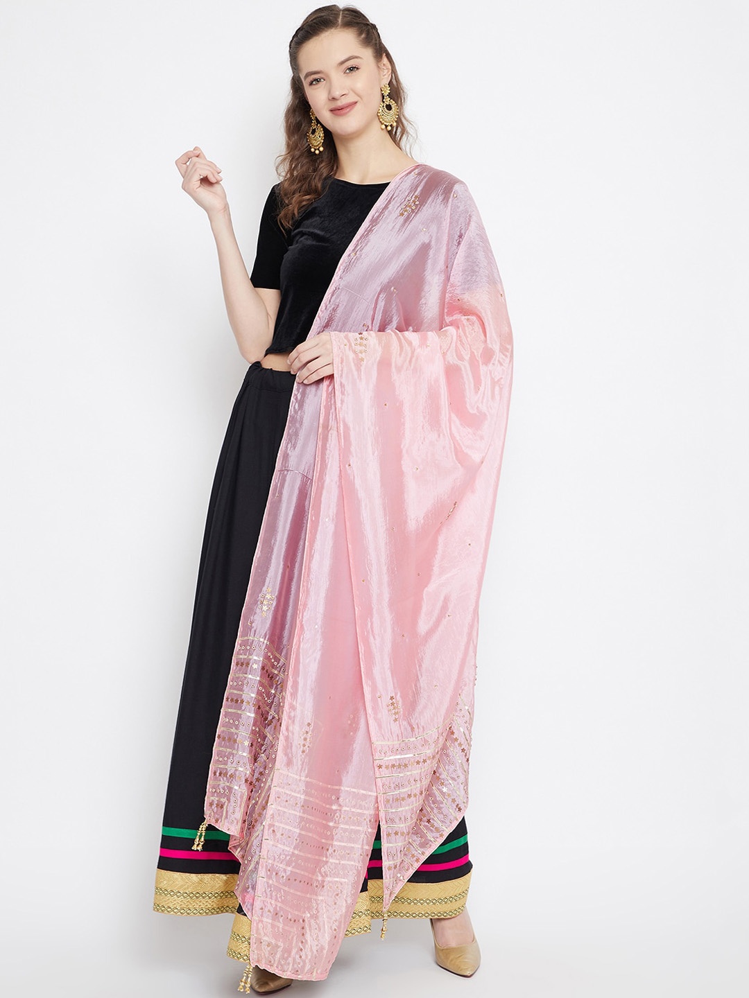 

Clora Creation Pink & Gold-Toned Embroidered Dupatta