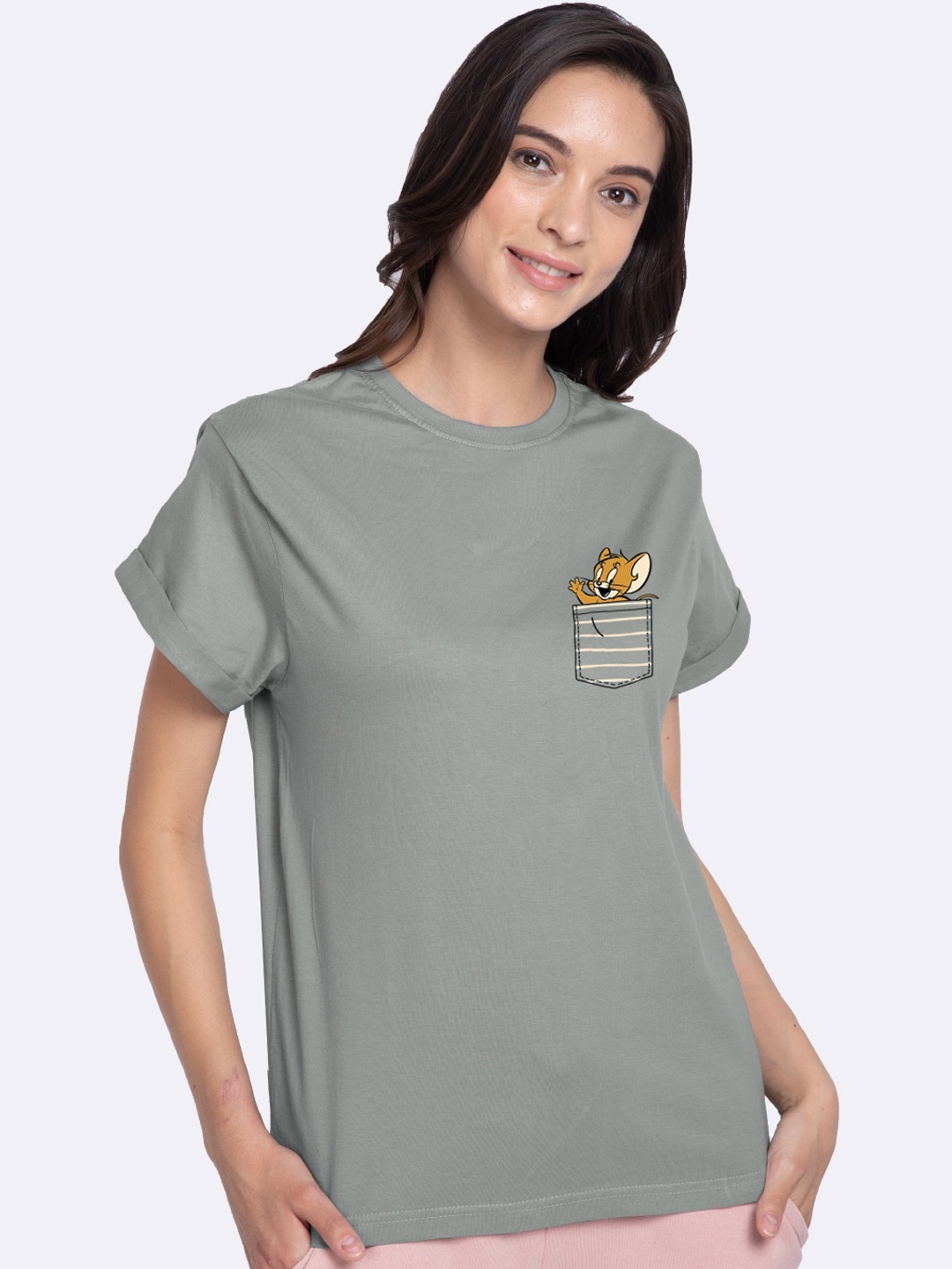 Bewakoof Women Grey Jerry Printed Round Neck Boyfriend Pure Cotton T-shirt