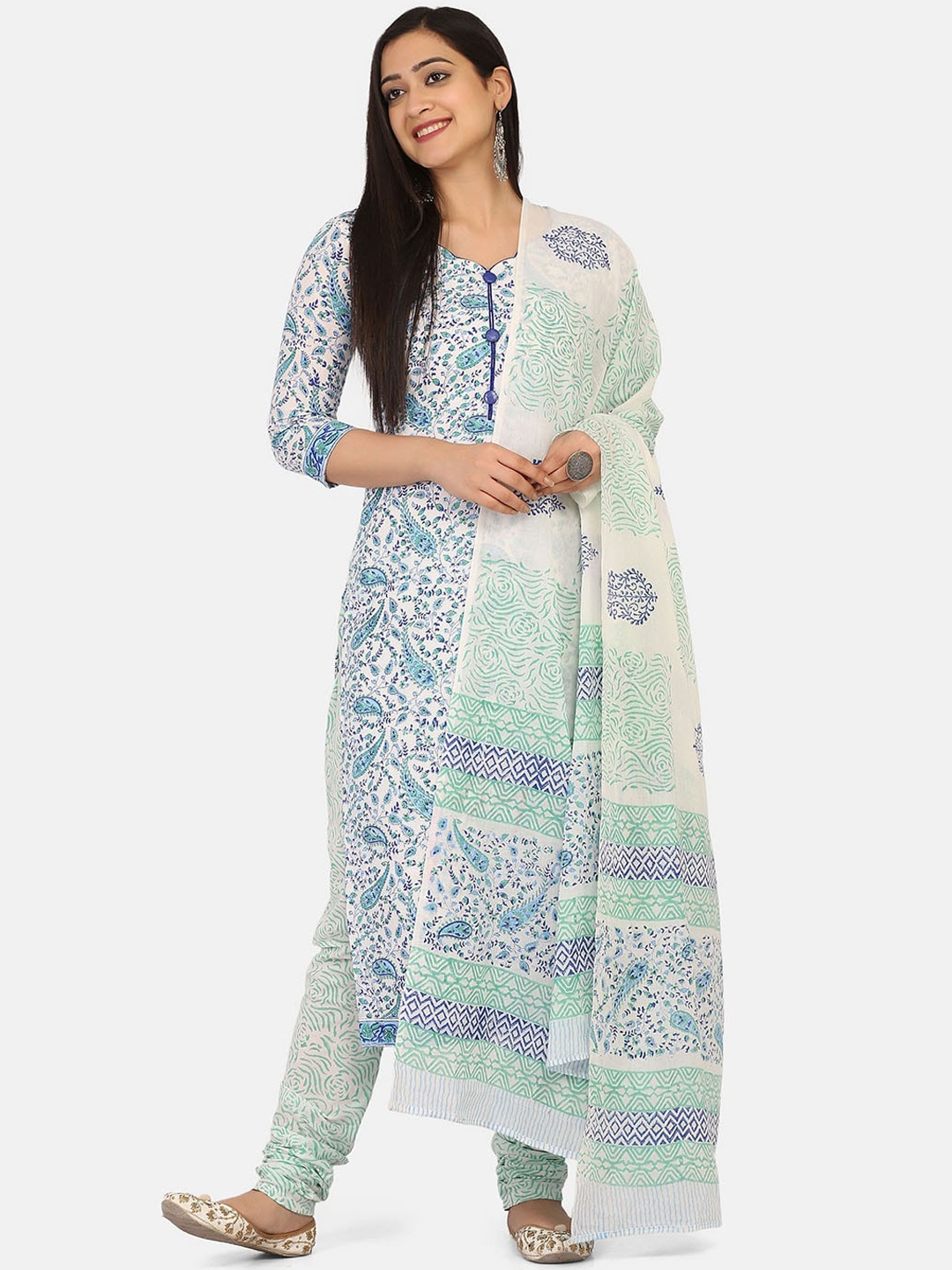 

Shaily White & Blue Pure Cotton Unstitched Dress Material