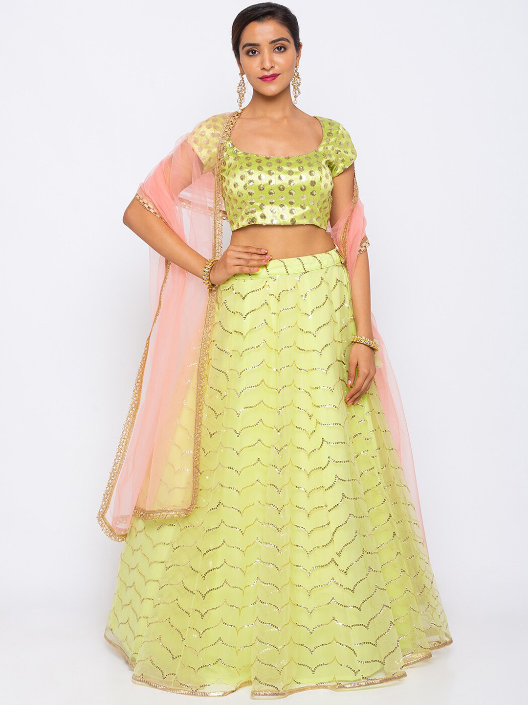 

6Y COLLECTIVE Lime Green & Peach-Coloured Embellished Semi-Stitched Lehenga & Unstitched Blouse with Dupatta