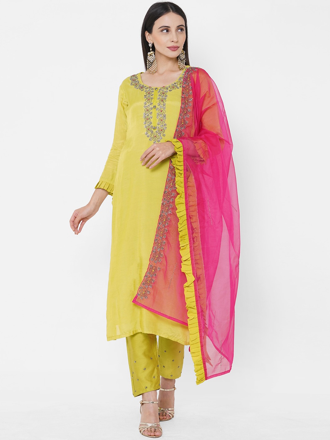 

FASHOR Women Lime Green & Pink Embroidered Top with Trousers & Dupatta