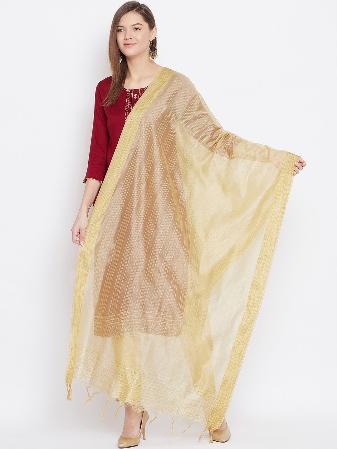 

Clora Creation Beige & Gold-Toned Striped Dupatta