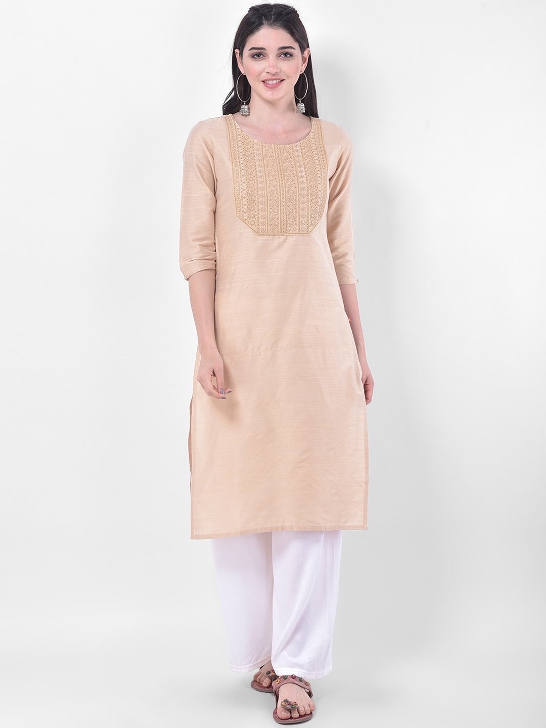 Span Women Beige Yoke Design Thread Work Kurta