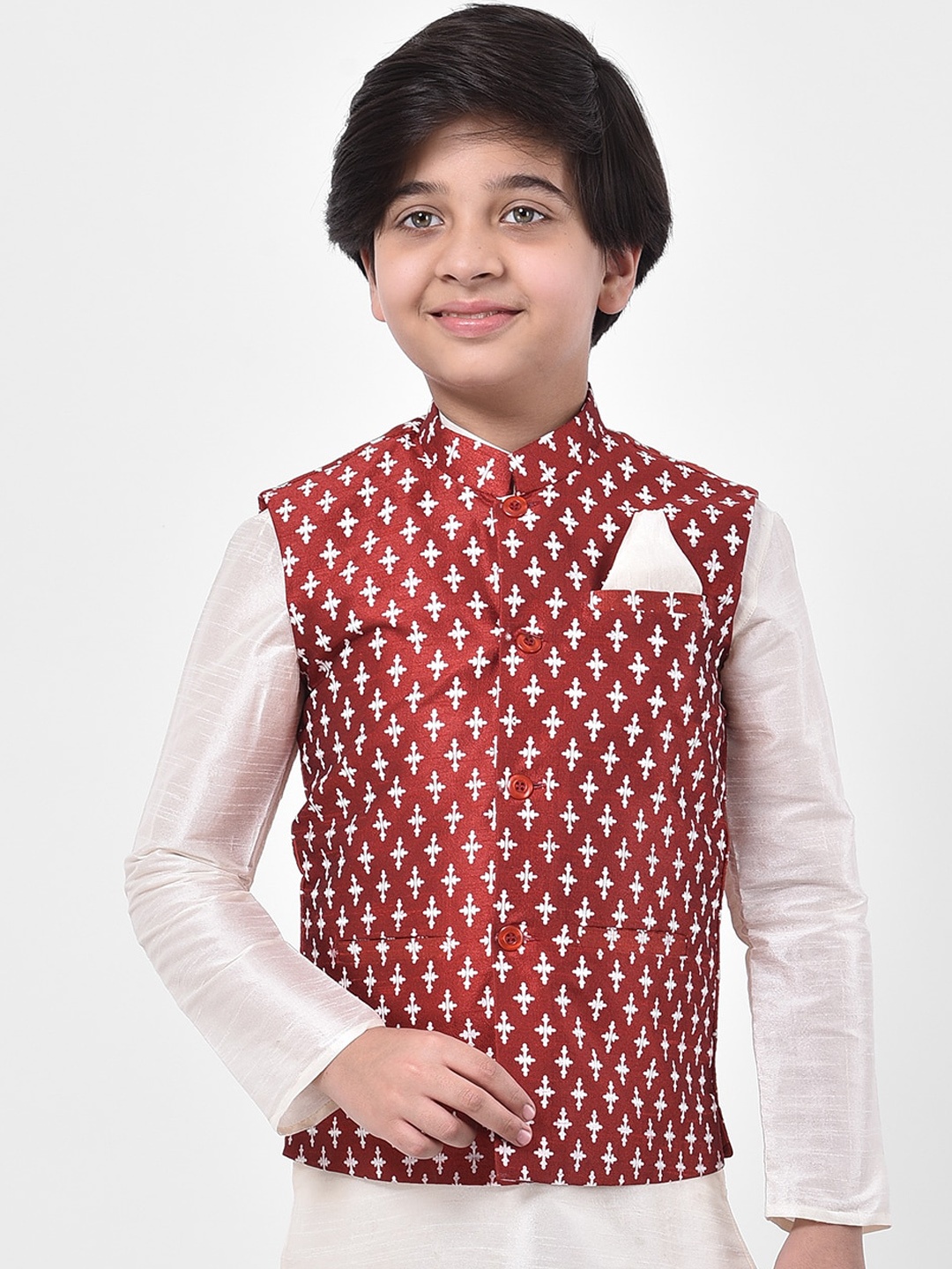 

DEYANN Boys Red & White Printed Nehru Jacket