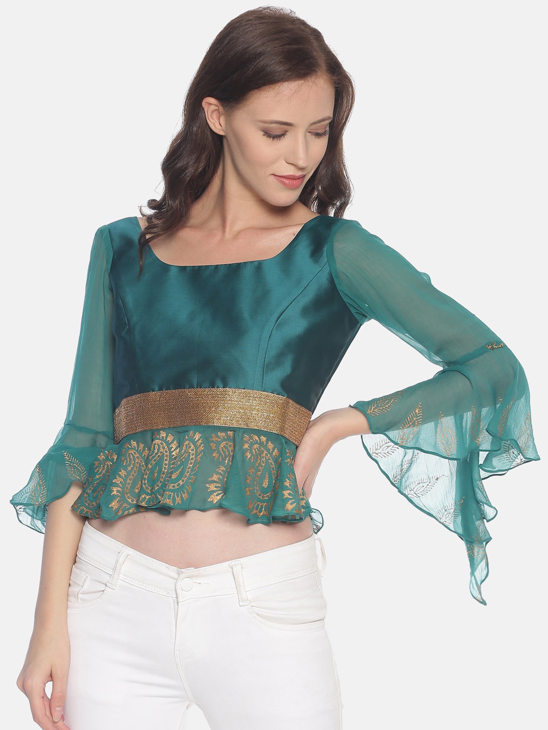 

Ira Soleil Green Printed Regular Crop Top