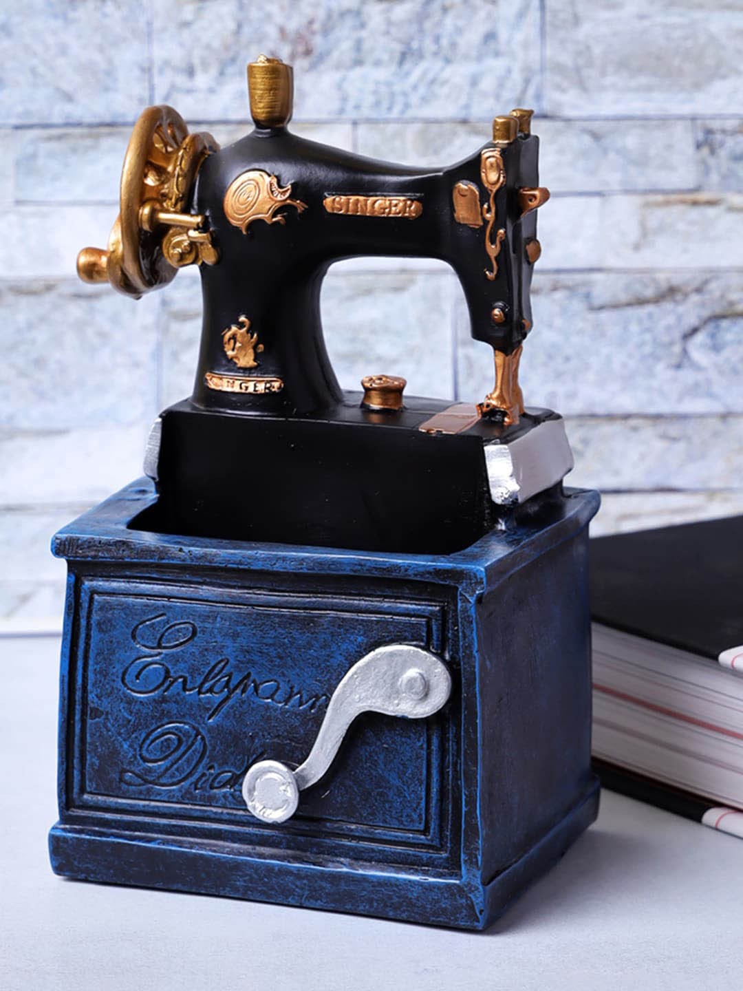 

A Vintage Affair- Home Decor Navy Blue Large Vintage Sewing Machine Accent Desk Organizer