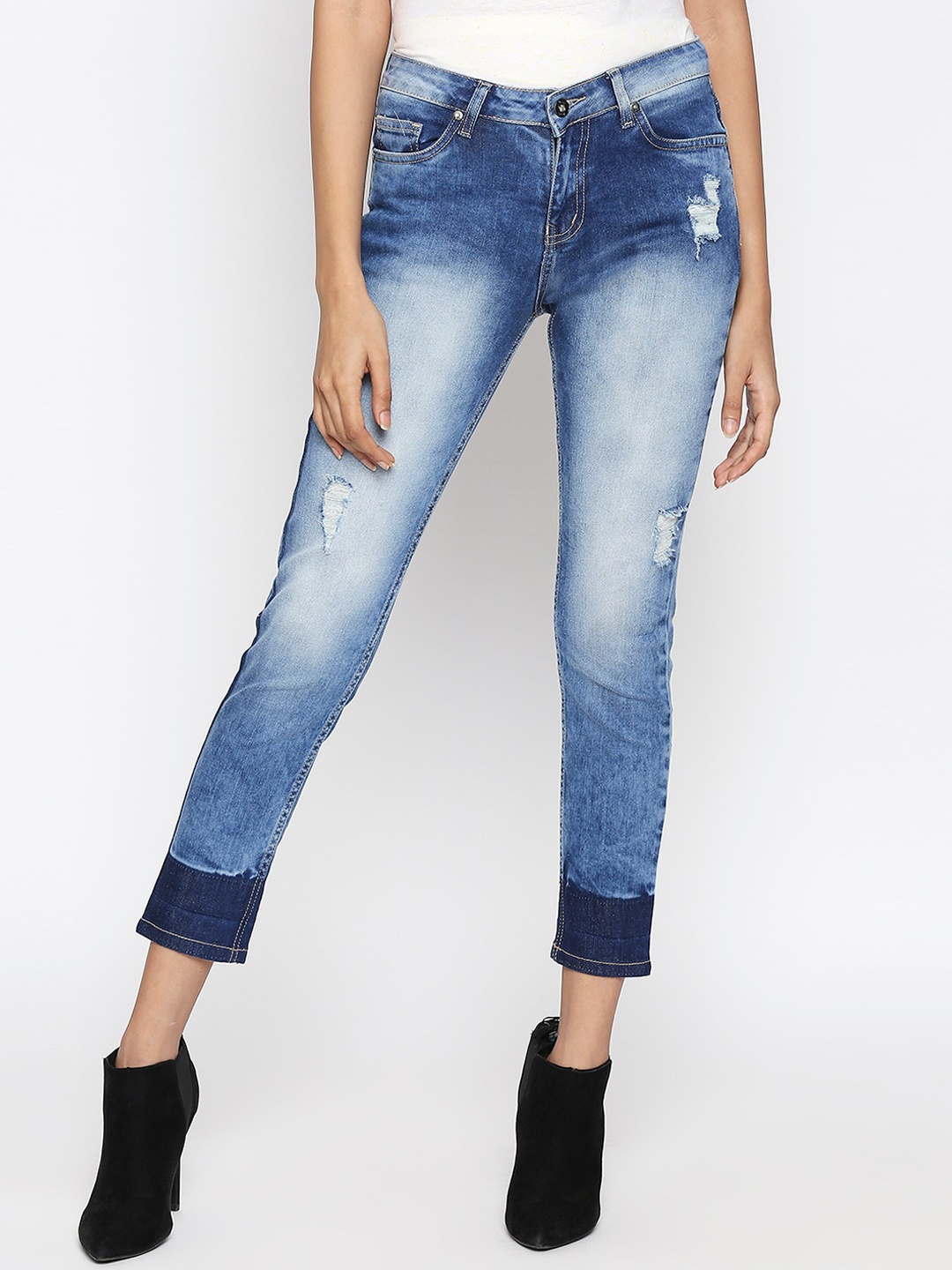 

People Women Blue Tapered Fit Mid-Rise Mildly Distressed Jeans