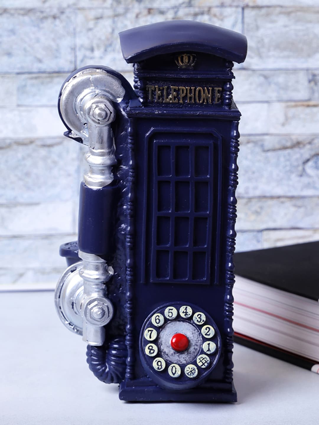 

A Vintage Affair- Home Decor Navy Blue & Silver-Toned Vintage Phonebooth Decorative Accent Showpiece