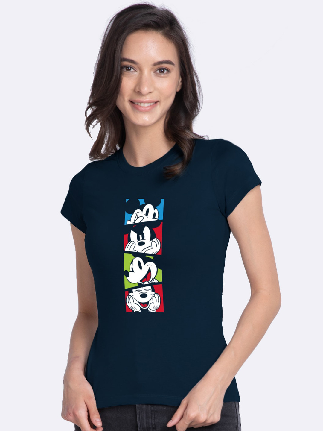 

Bewakoof Women Navy Blue White Mickey Mouse Printed Round Neck Pure Cotton T-shirt